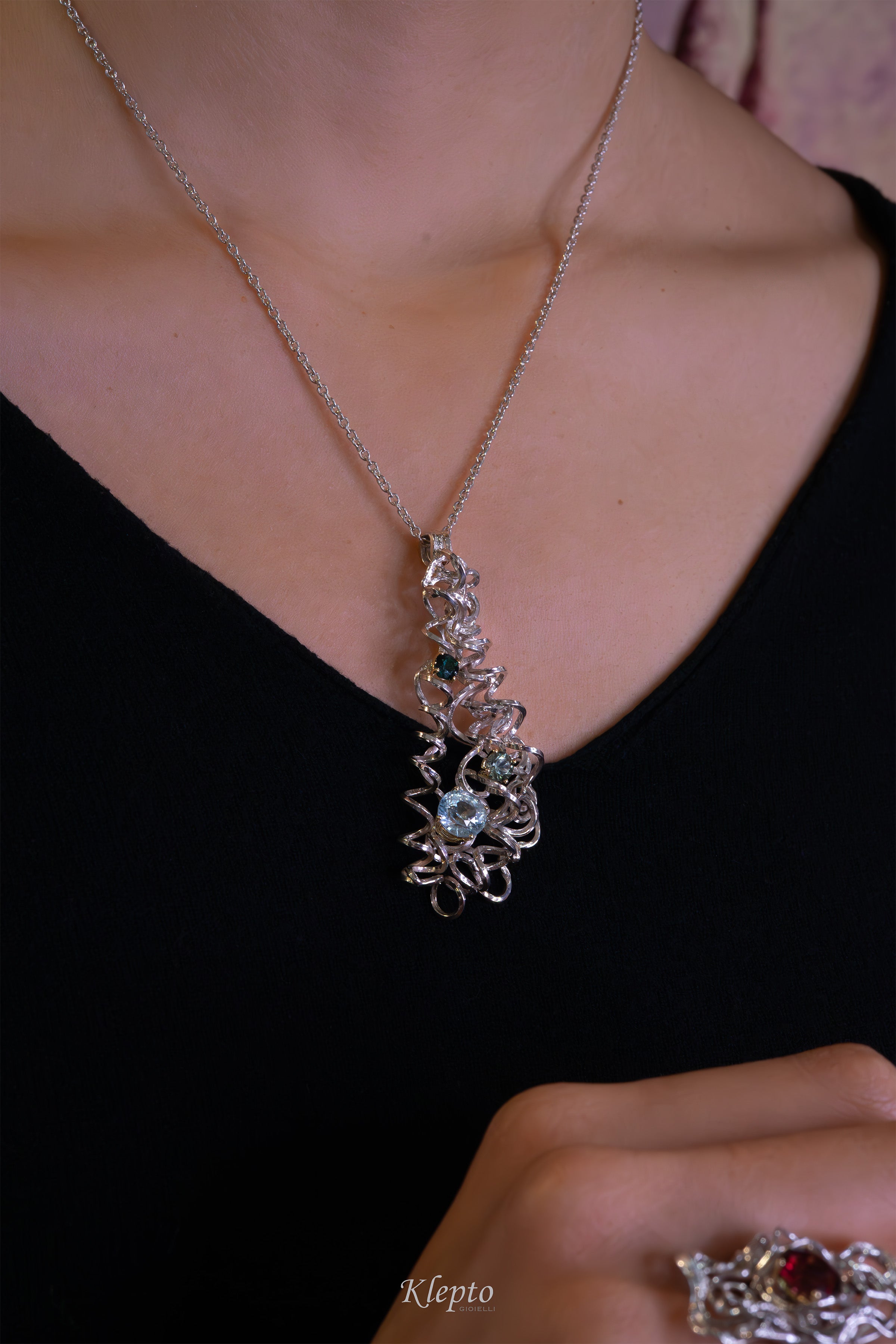 Silver Pendant Silnova® with Tourmaline, Aquamarine and yellow gold details