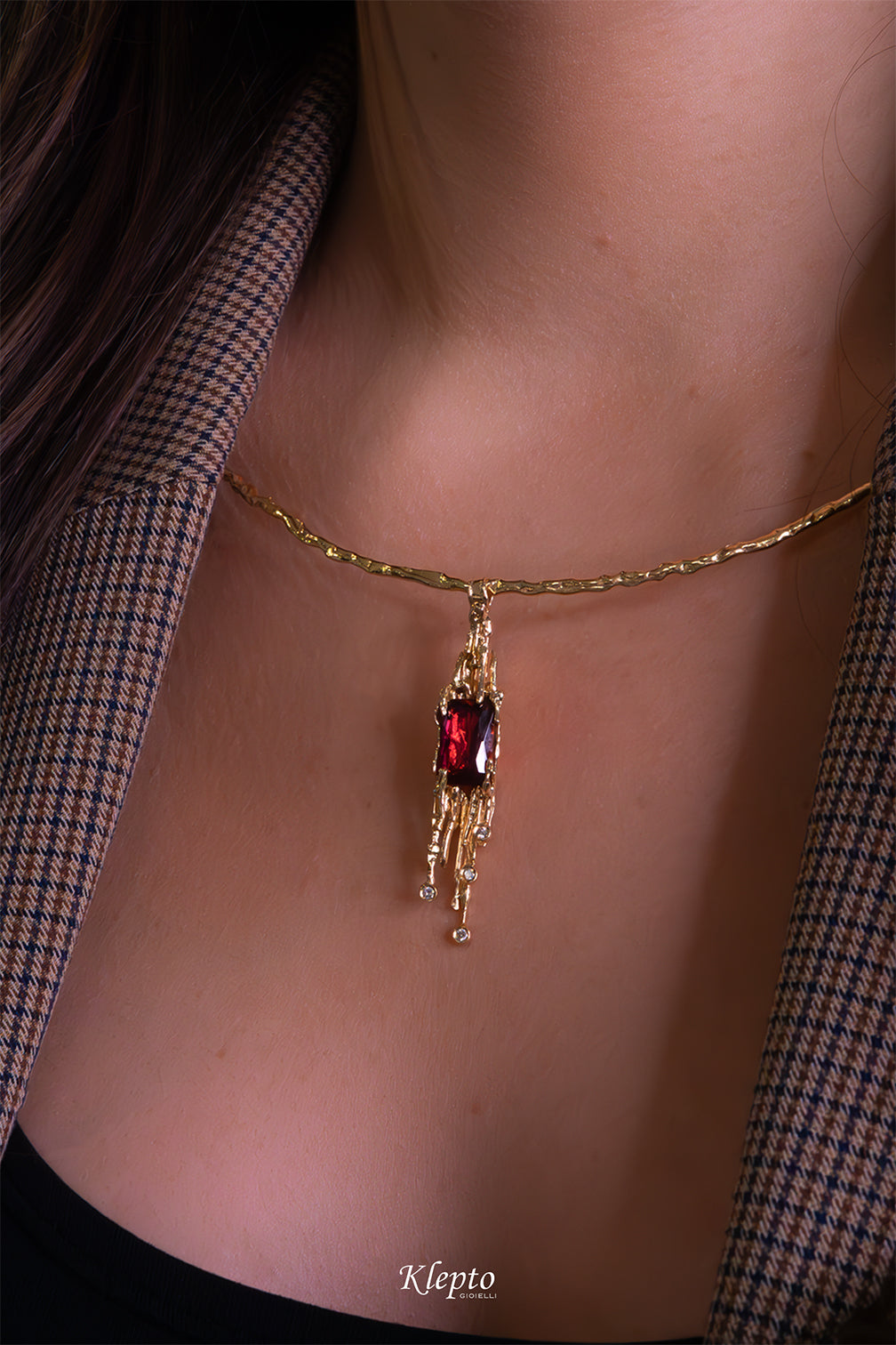 Yellow gold necklace "EroiKa" with red Tourmaline and Diamonds