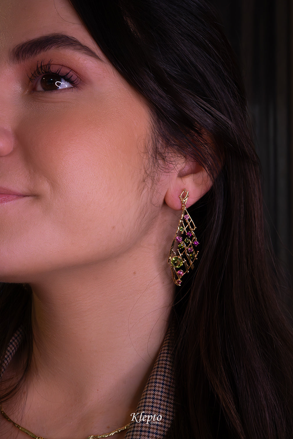Yellow gold earrings "EroiKa" with Tourmalines, Garnet and Rhodolites