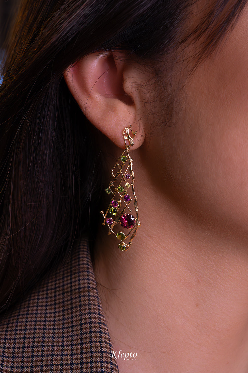 Yellow gold earrings "EroiKa" with Tourmalines, Garnet and Rhodolites