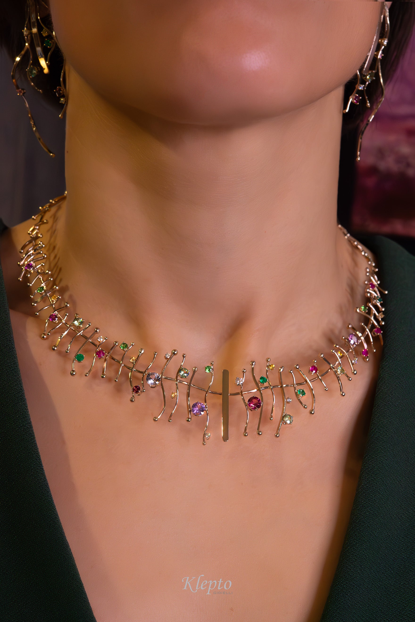 Natural white gold necklace "Armonia" with precious stones