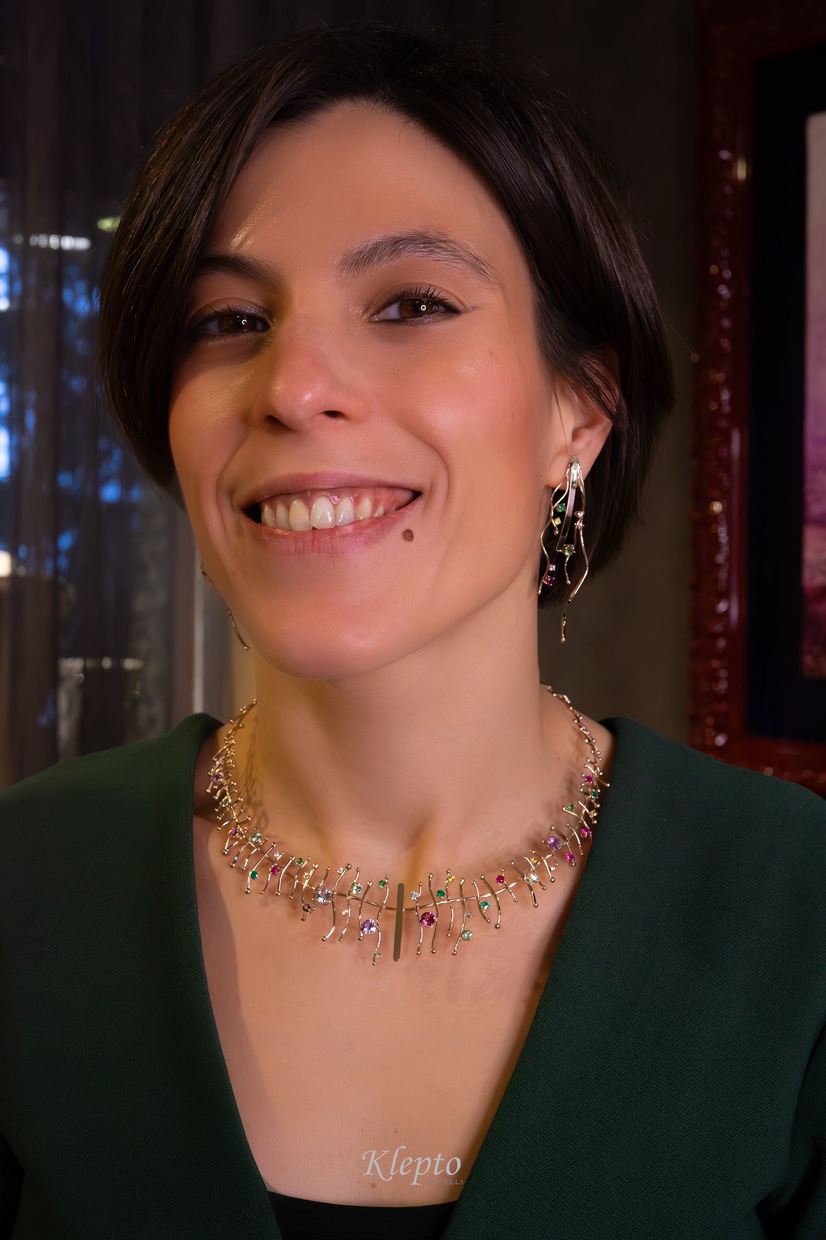 Natural white gold necklace "Armonia" with precious stones