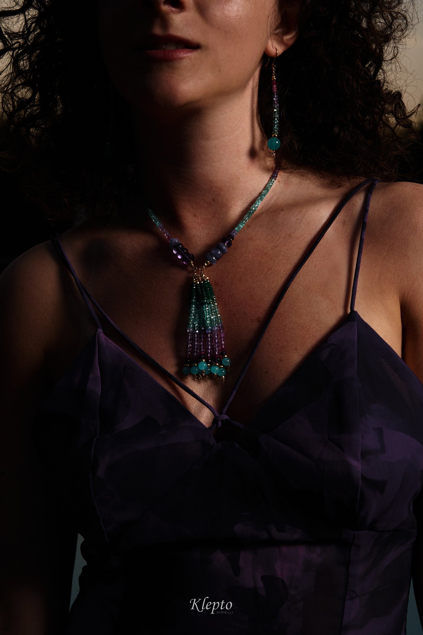 Yellow gold tassel necklace with Amazonite, Agate, Amethyst, Tanzanite, and Rubies