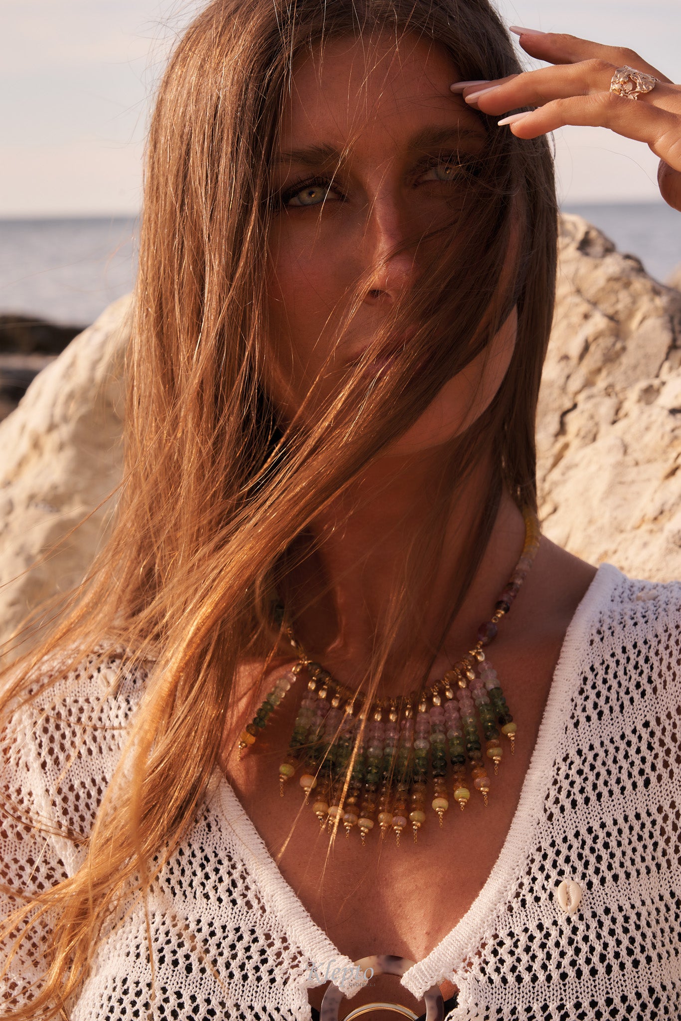 Choker necklace with cascade of tourmalines and opals