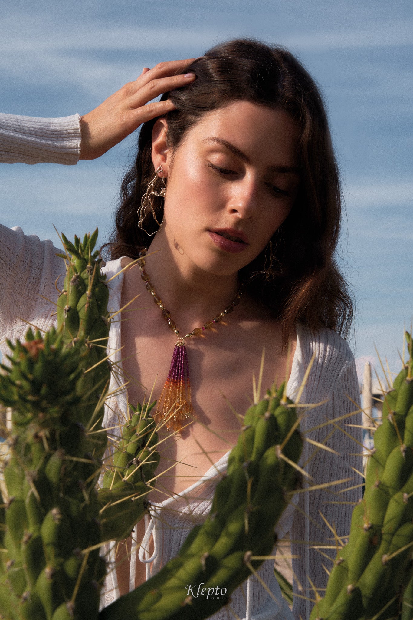Tassel necklace in yellow gold with Quartz, Rubies, Agate and Rhodolites
