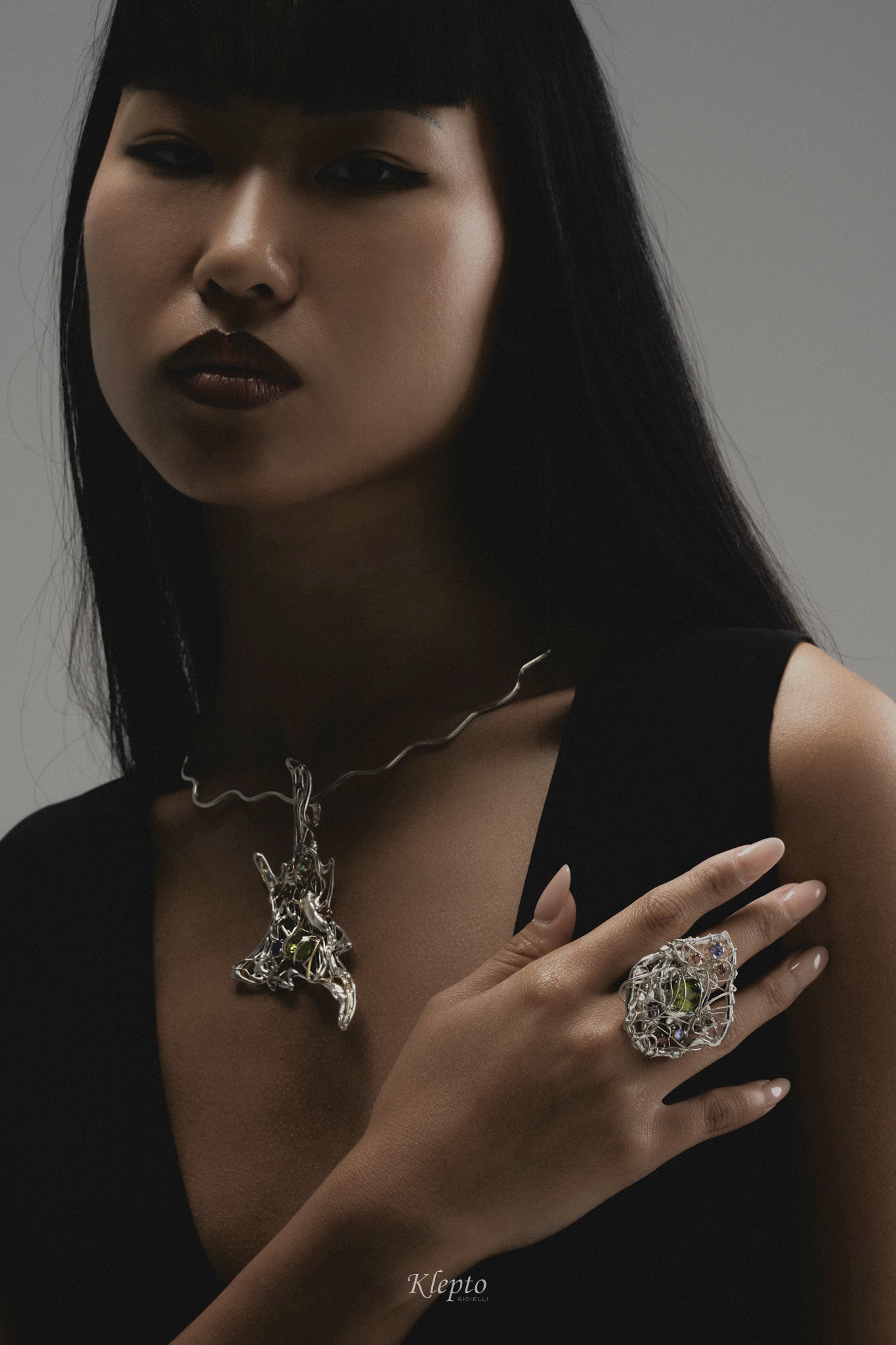 Silver necklace Silnova® with gemstones and yellow gold details