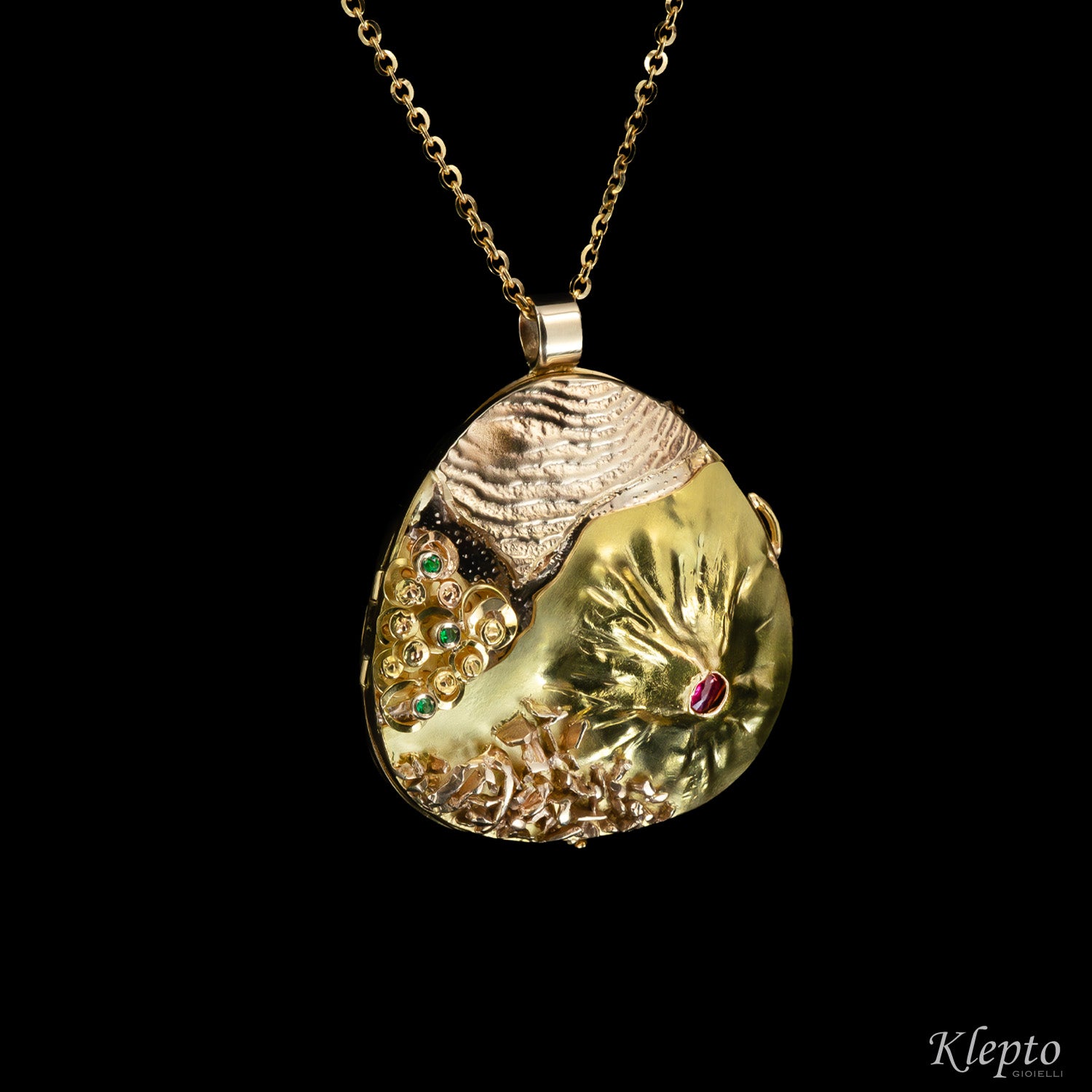 "Micromondo" sculpture gold pendant with precious stones and hidden treasure