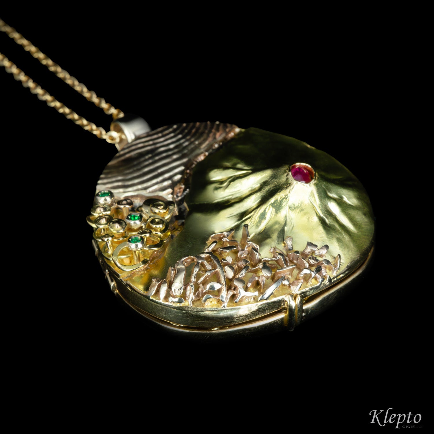"Micromondo" sculpture gold pendant with precious stones and hidden treasure