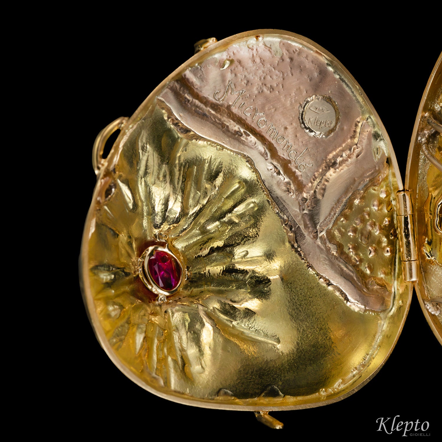 "Micromondo" sculpture gold pendant with precious stones and hidden treasure