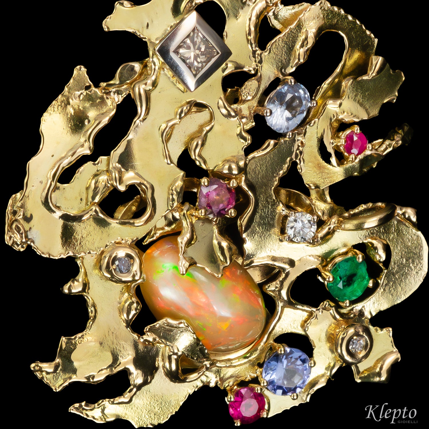 "Micromondo" sculpture gold pendant with precious stones and hidden treasure