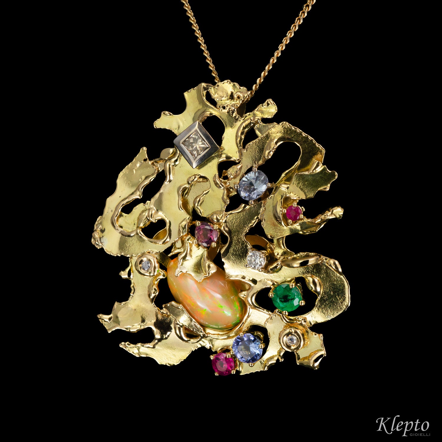 "Micromondo" sculpture gold pendant with precious stones and hidden treasure