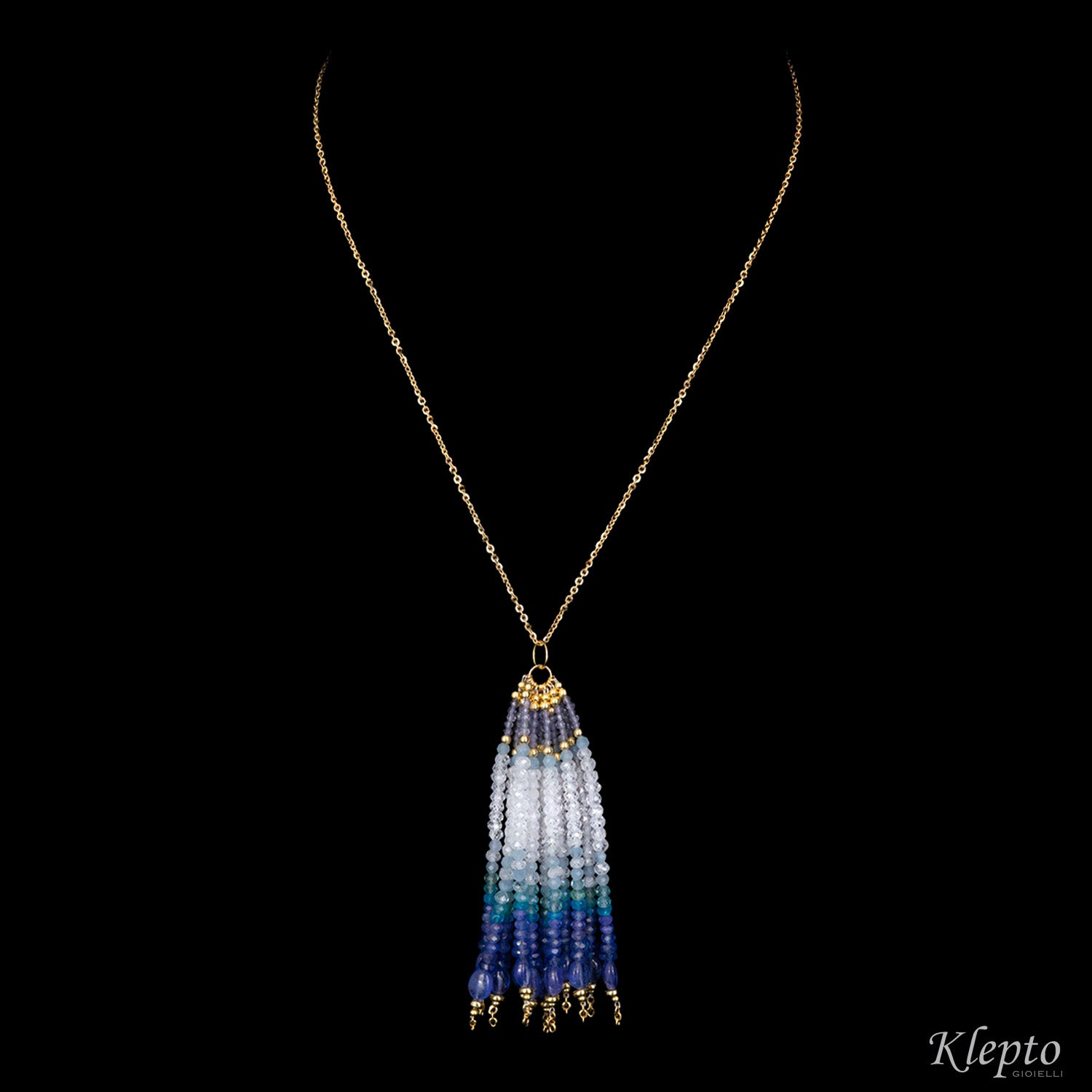 Yellow gold tassel necklace with Tanzanites, Sapphires, Amazonite, Moonstone, and Aquamarine
