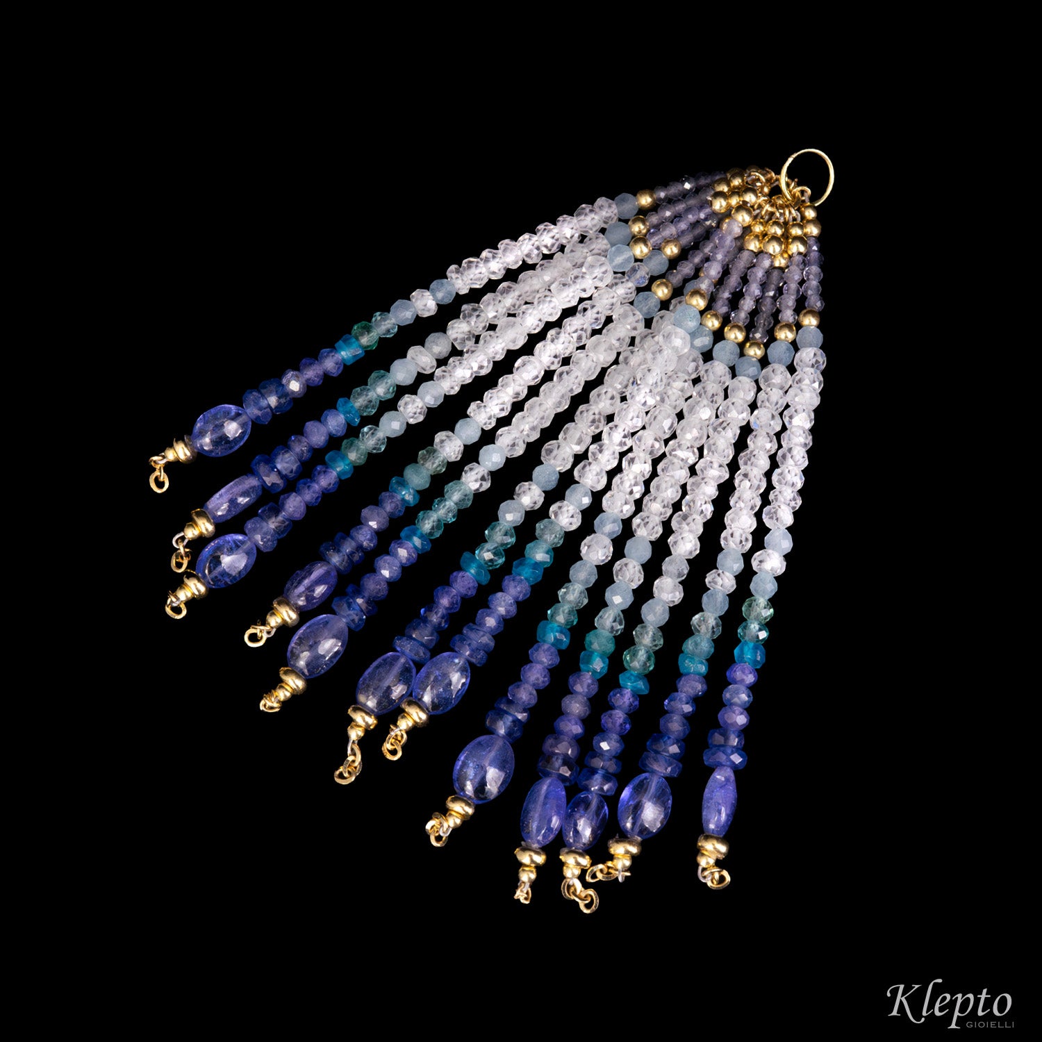 Yellow gold tassel necklace with Tanzanites, Sapphires, Amazonite, Moonstone, and Aquamarine