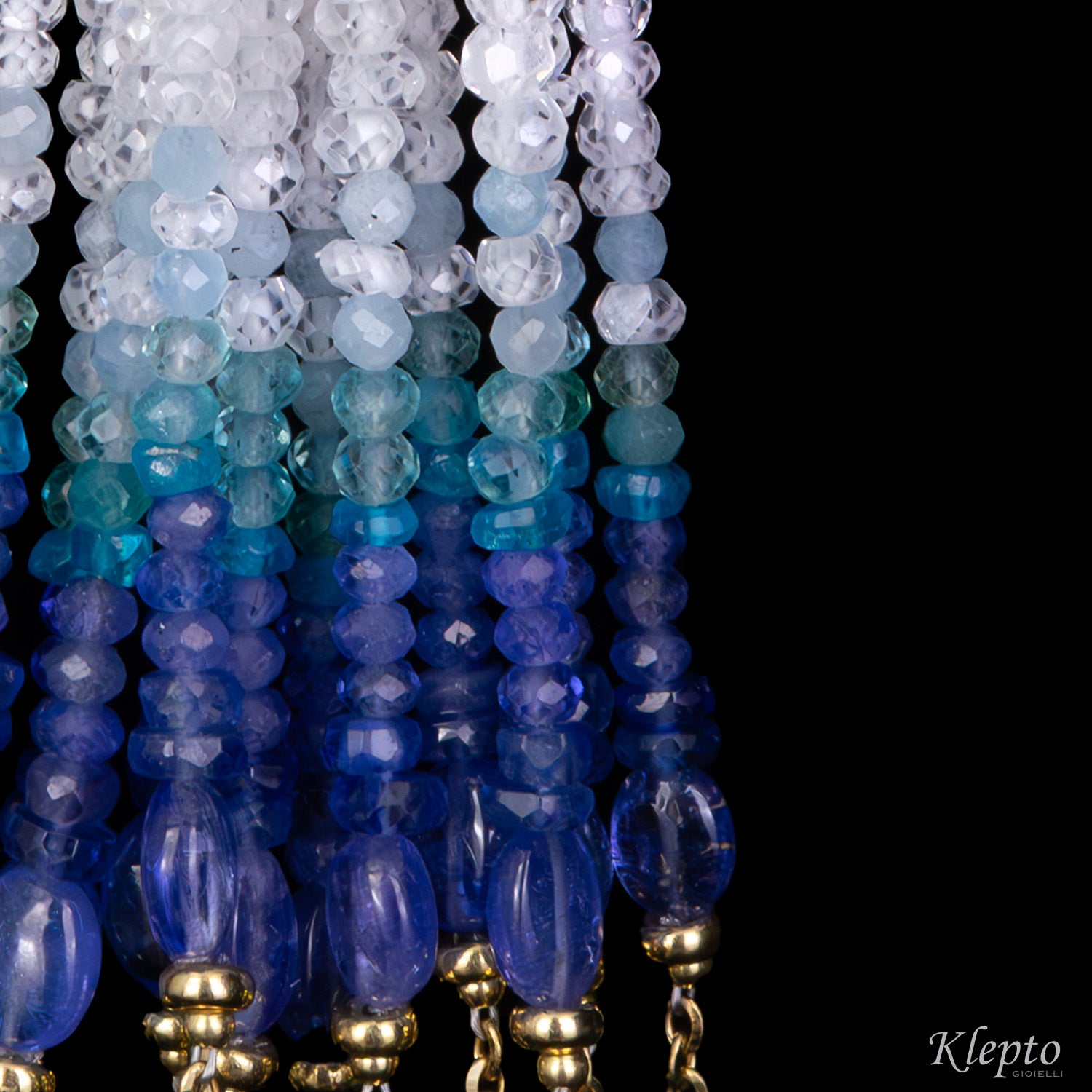 Yellow gold tassel necklace with Tanzanites, Sapphires, Amazonite, Moonstone, and Aquamarine