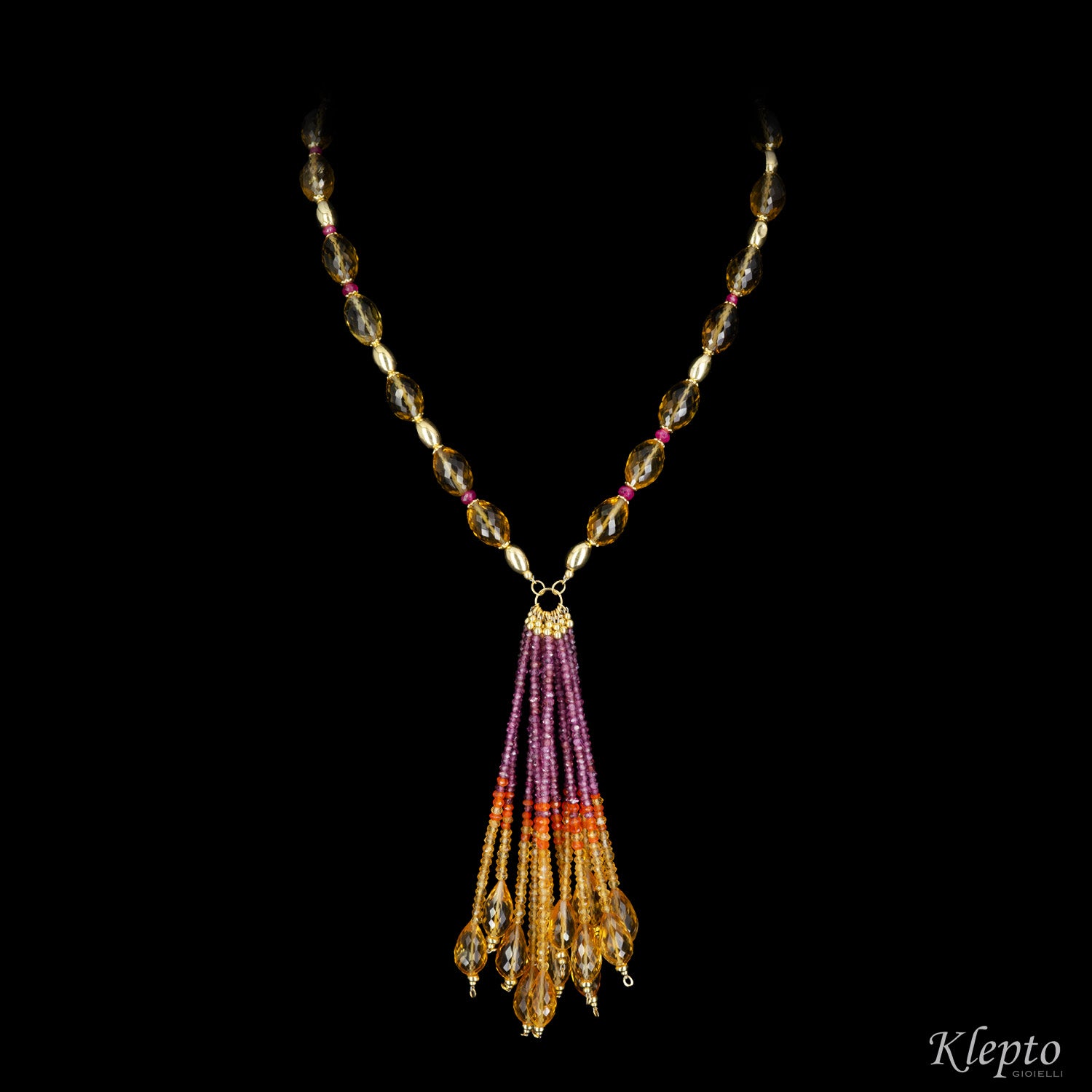 Tassel necklace in yellow gold with Quartz, Rubies, Agate and Rhodolites