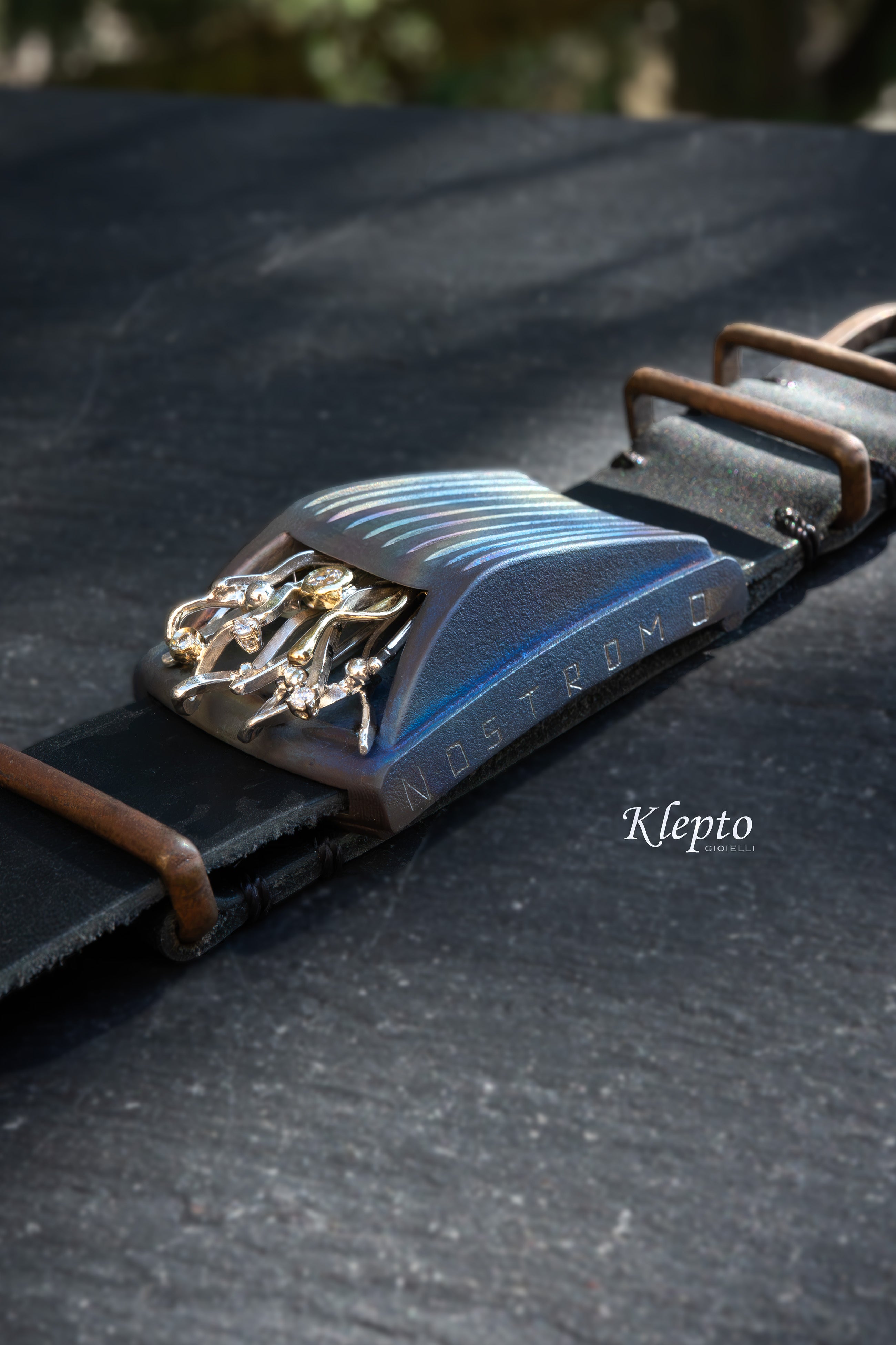 "Nostromo" Titanium Bracelet with Diamonds, Yellow Gold Details, and Silnova® Silver
