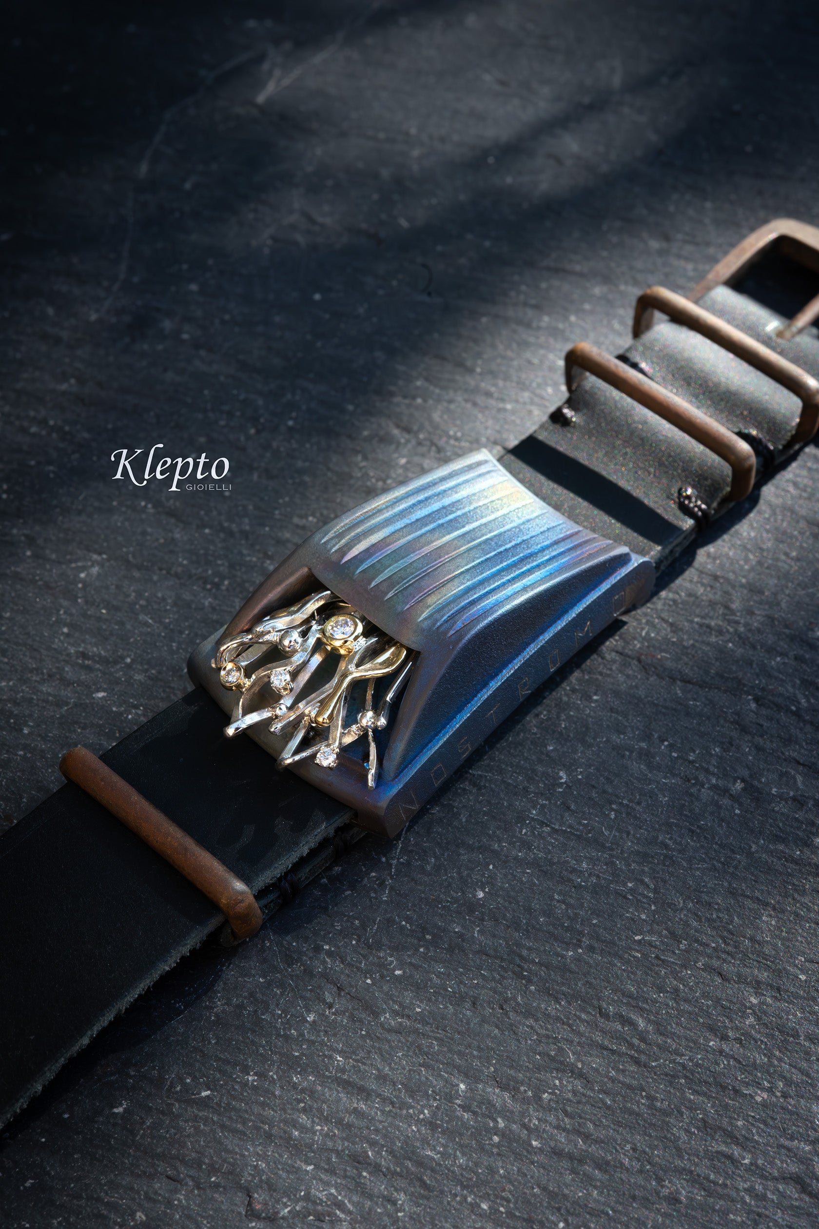 "Nostromo" Titanium Bracelet with Diamonds, Yellow Gold Details, and Silnova® Silver