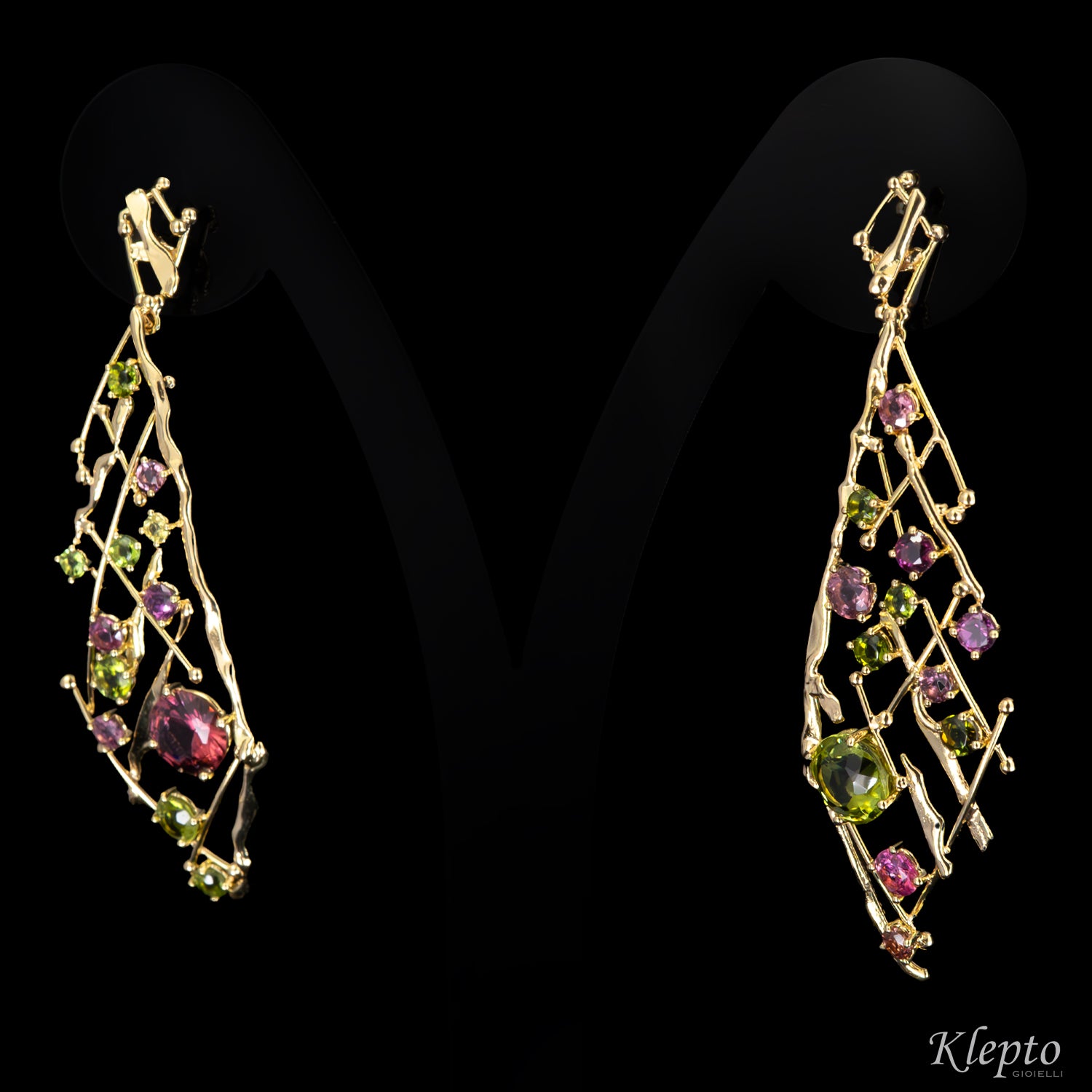 Yellow gold earrings "EroiKa" with Tourmalines, Garnet and Rhodolites