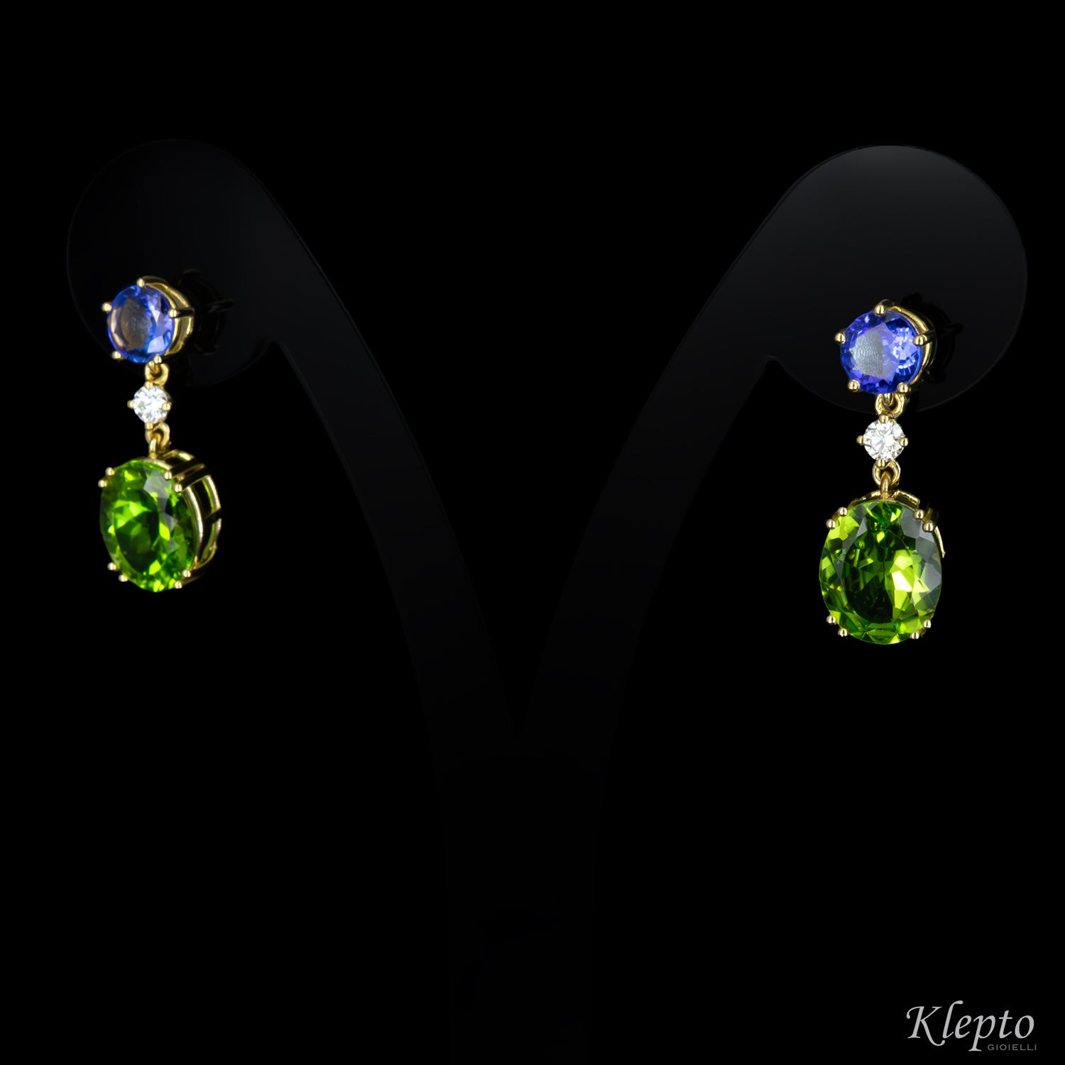 Yellow gold earrings with Peridots, Tanzanites, and Diamonds