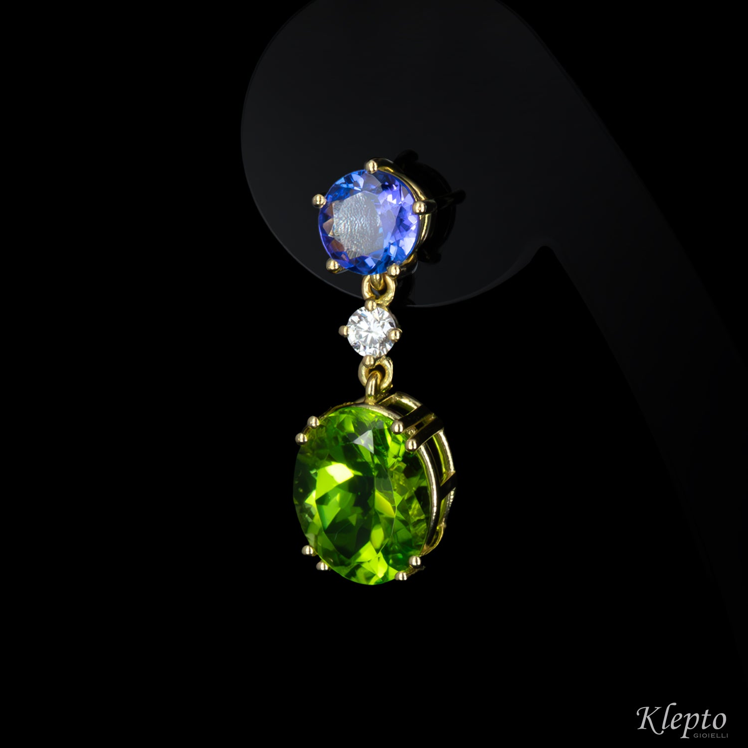 Yellow gold earrings with Peridots, Tanzanites, and Diamonds