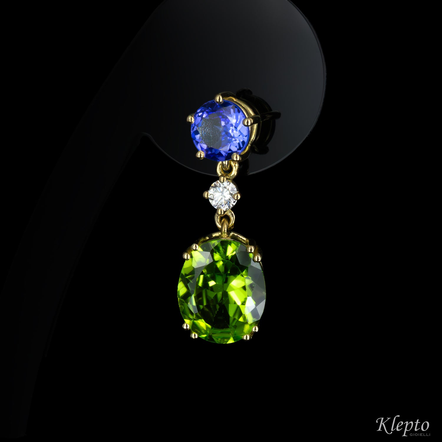 Yellow gold earrings with Peridots, Tanzanites, and Diamonds