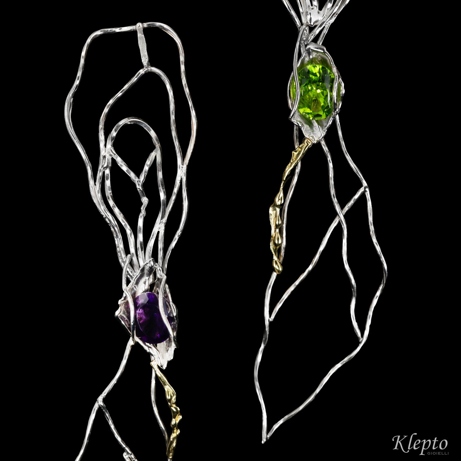 Silnova® Silver earrings with Amethyst, Peridot and yellow gold details