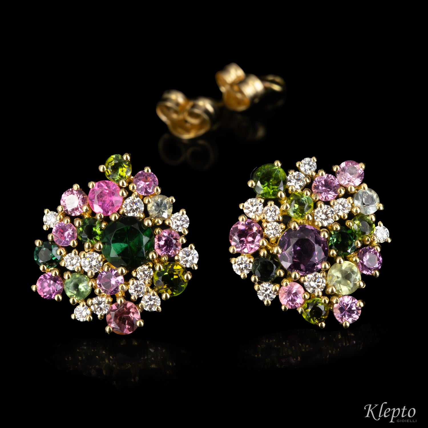 Yellow gold earrings with Sapphires, Tourmalines, and Diamonds