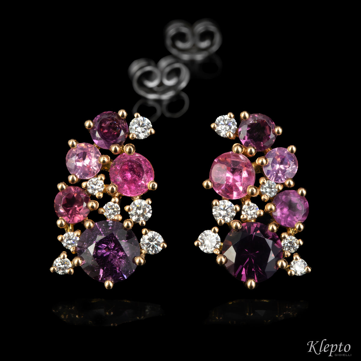 Rose and white gold earrings with pink sapphires, rhodolites, pink tourmalines and diamonds