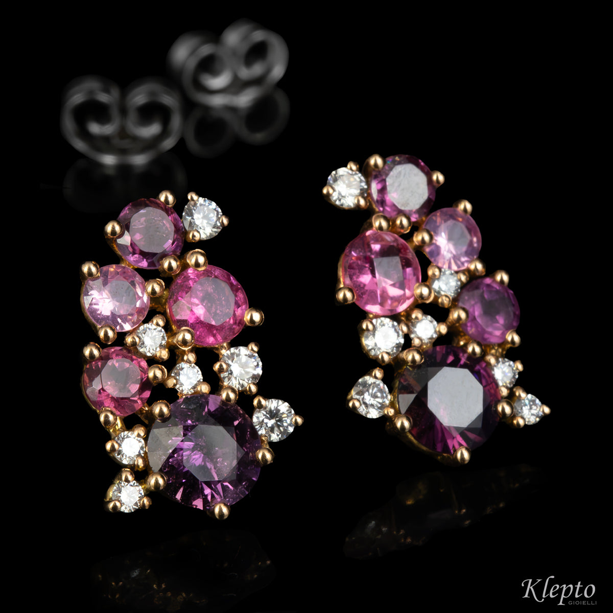 Rose and white gold earrings with pink sapphires, rhodolites, pink tourmalines and diamonds