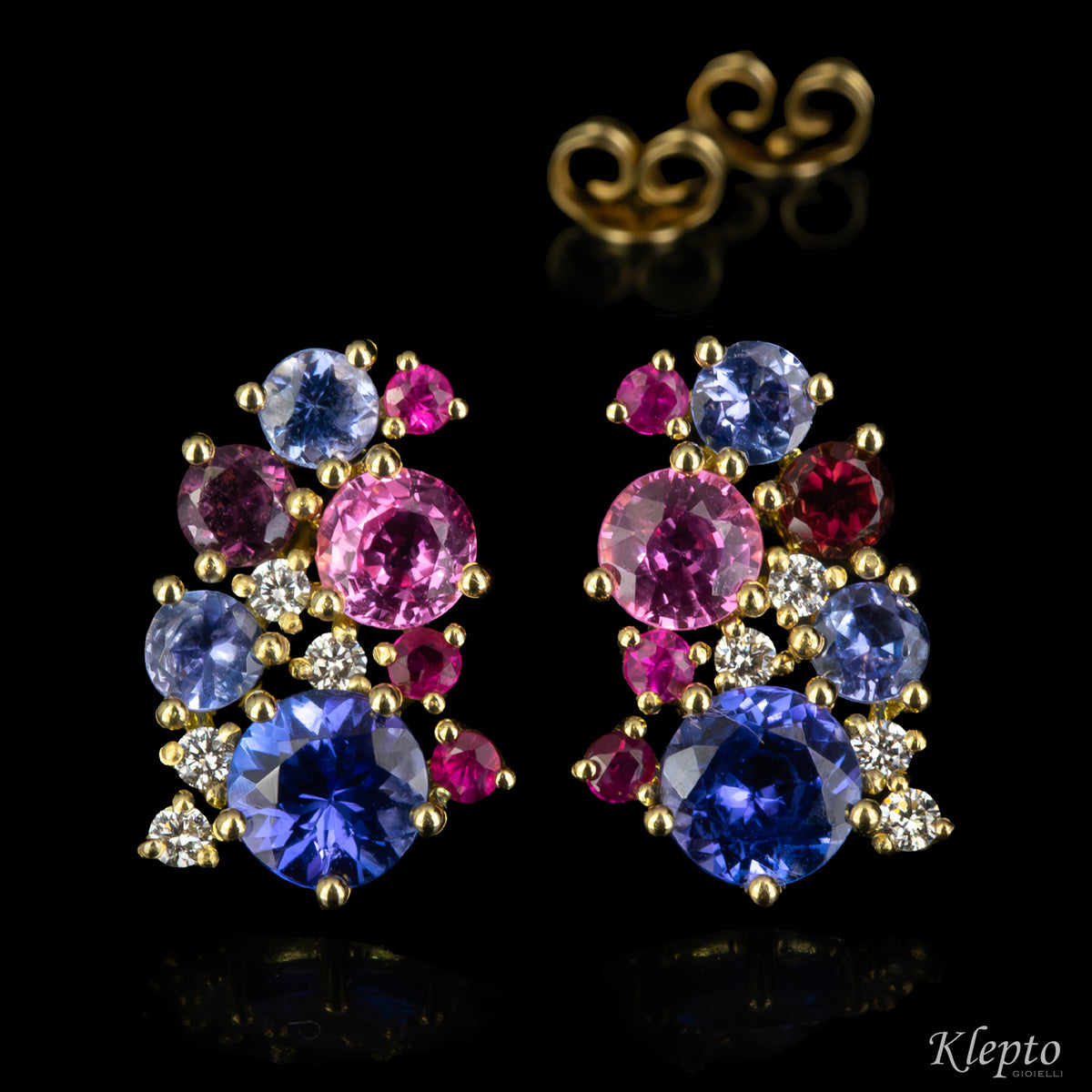 Yellow gold earrings with sapphires, tanzanites, rhodolites and diamonds