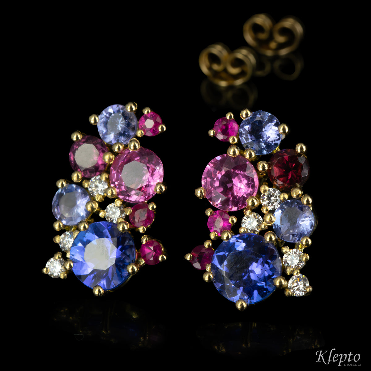 Yellow gold earrings with sapphires, tanzanites, rhodolites and diamonds