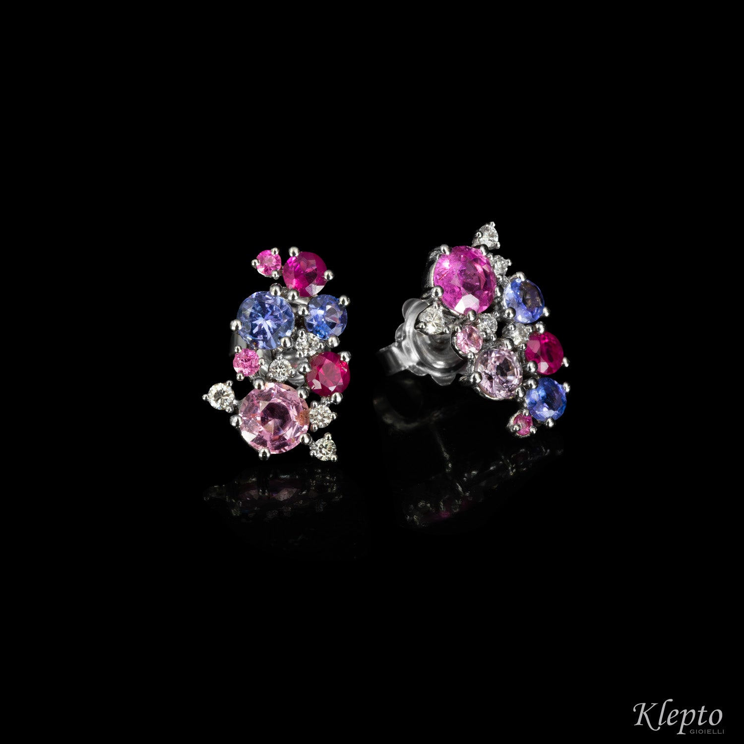 White gold lobe earrings with Sapphires, Rubies, Tanzanites and Diamonds