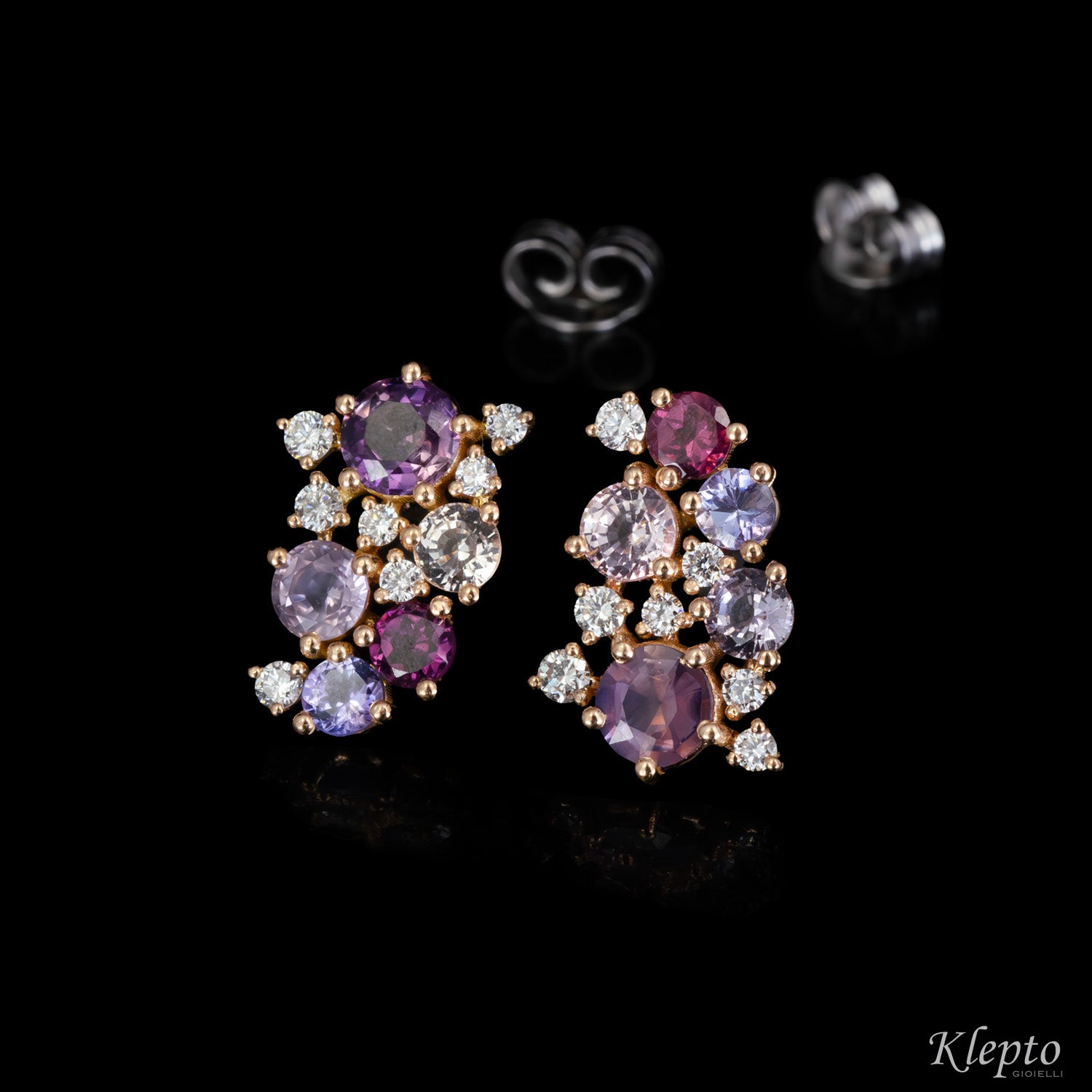 Rose gold earrings with Sapphires, Rhodolites, Tanzanites and Diamonds