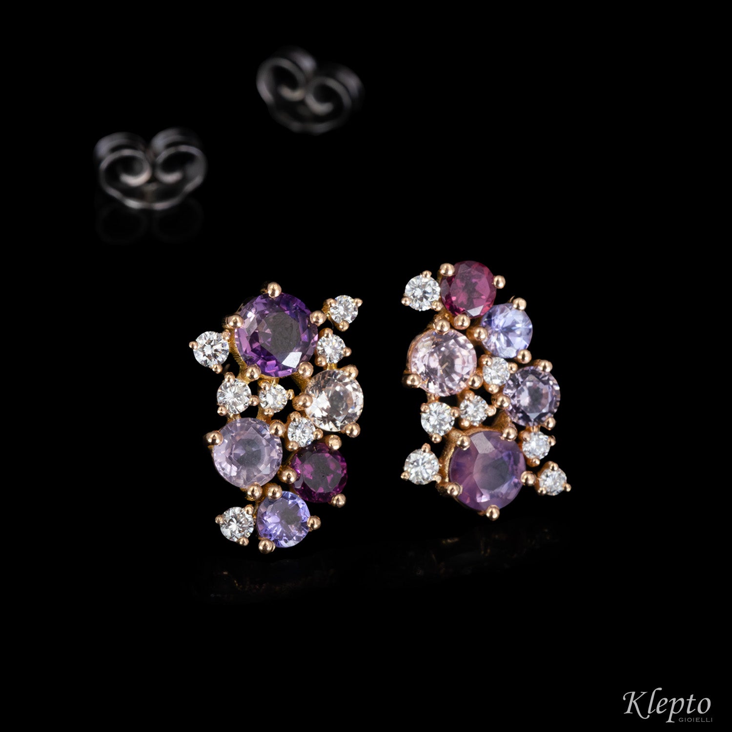 Rose gold earrings with Sapphires, Rhodolites, Tanzanites and Diamonds