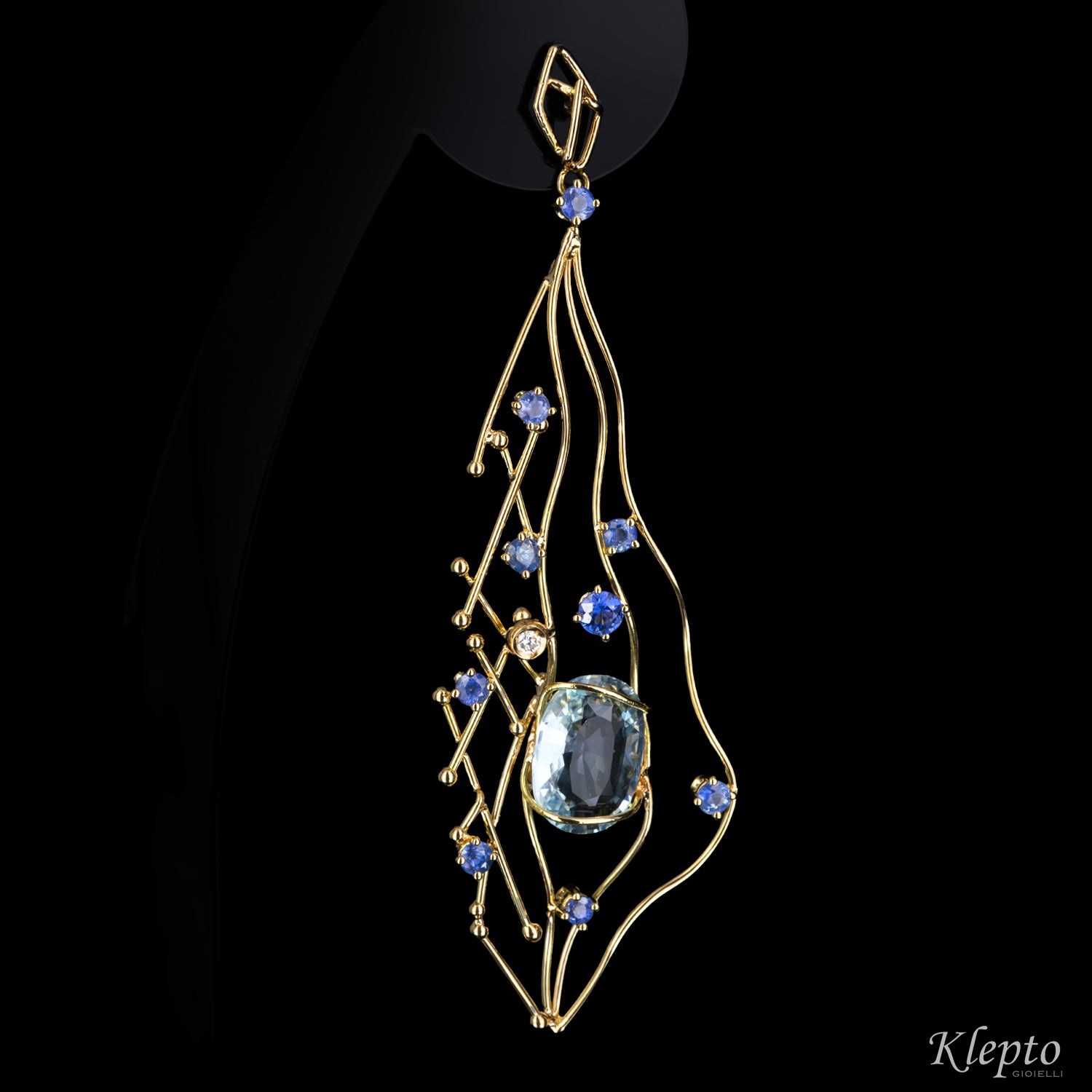 Yellow gold earrings with Aquamarine, Sapphires, and Diamonds