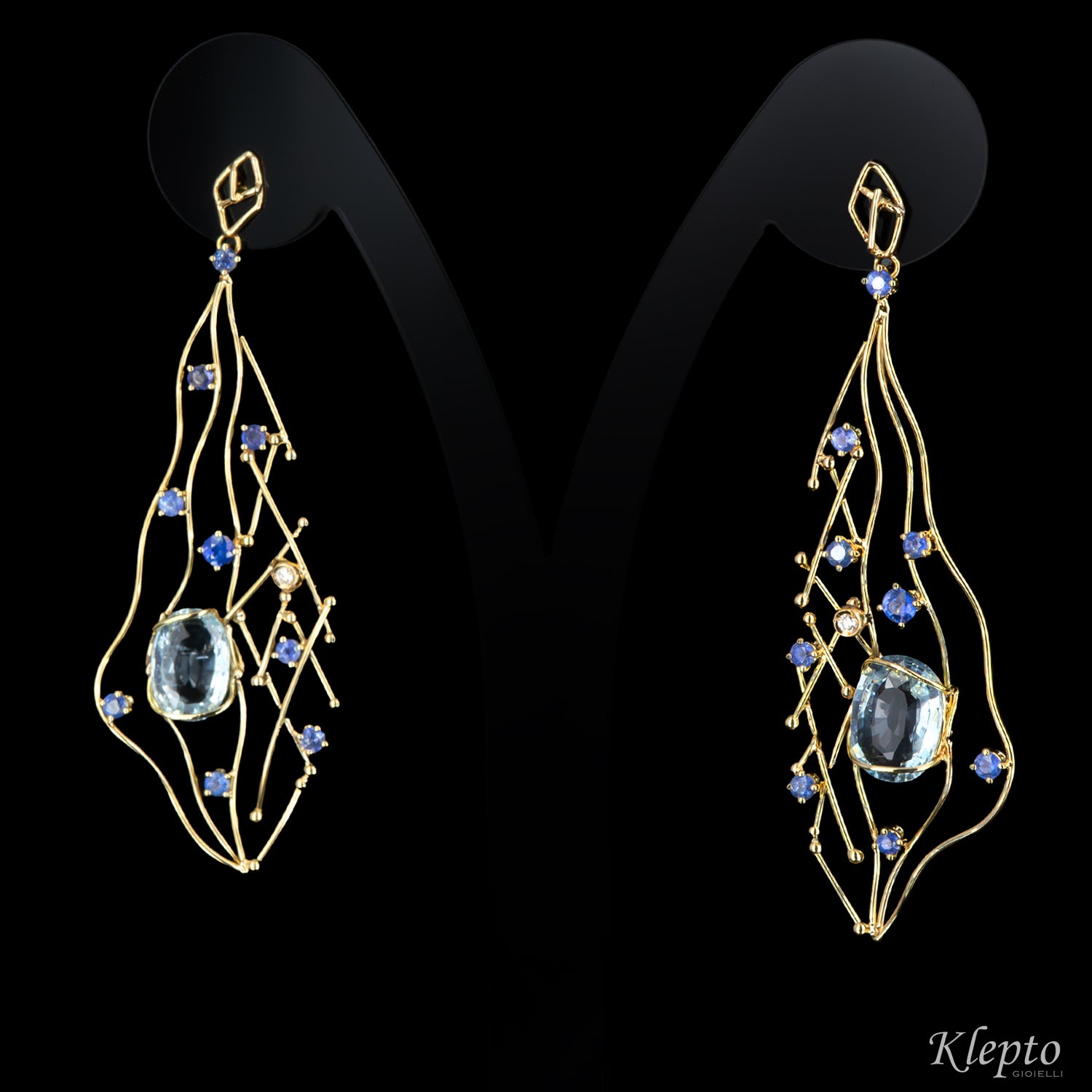 Yellow gold earrings with Aquamarine, Sapphires, and Diamonds