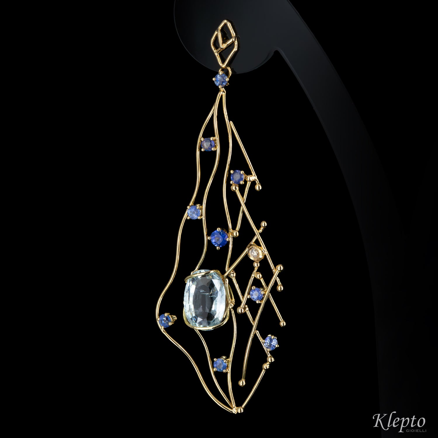Yellow gold earrings with Aquamarine, Sapphires, and Diamonds