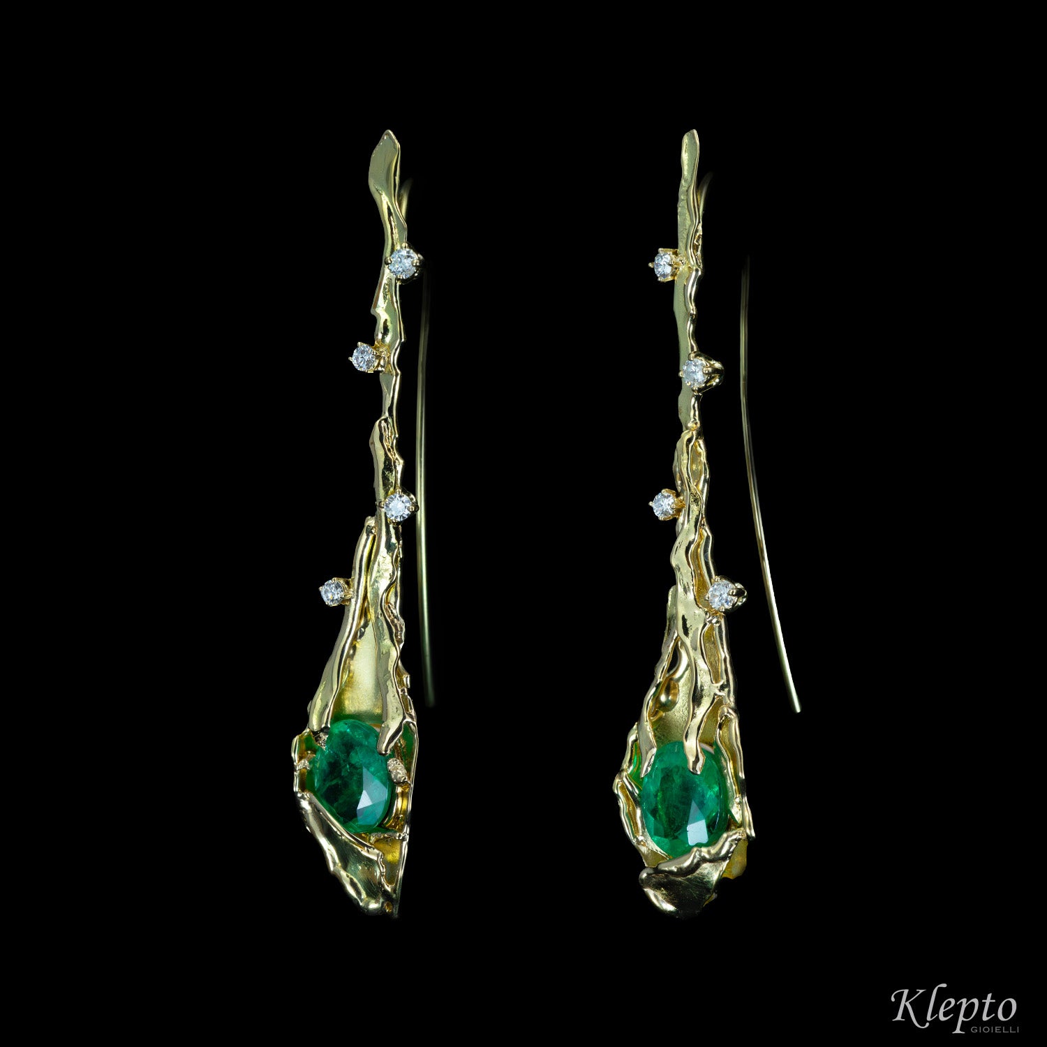 Flame-fused yellow gold earrings with Emeralds and Diamonds