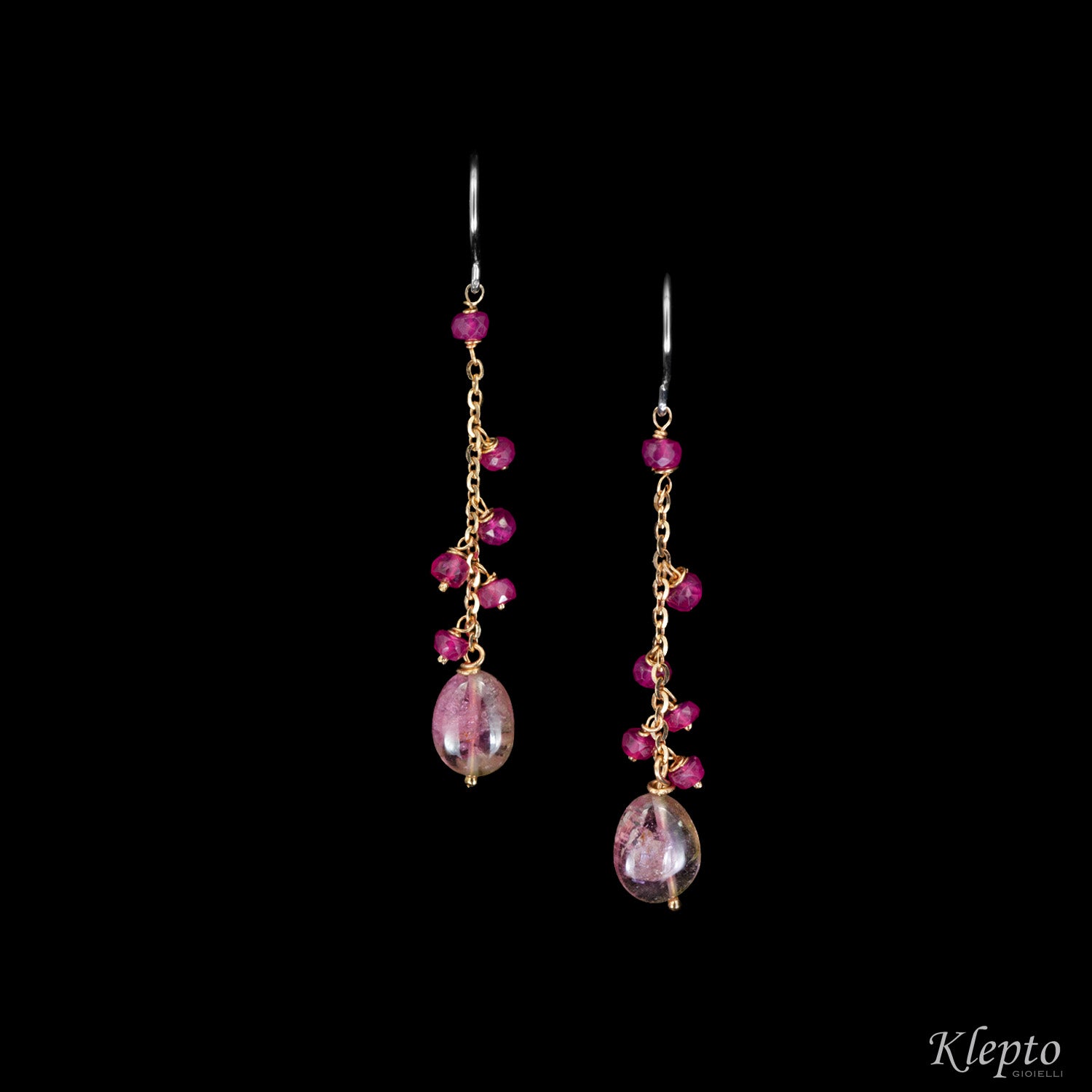 Rose and white gold pendant earrings with Tourmalines and Rubies