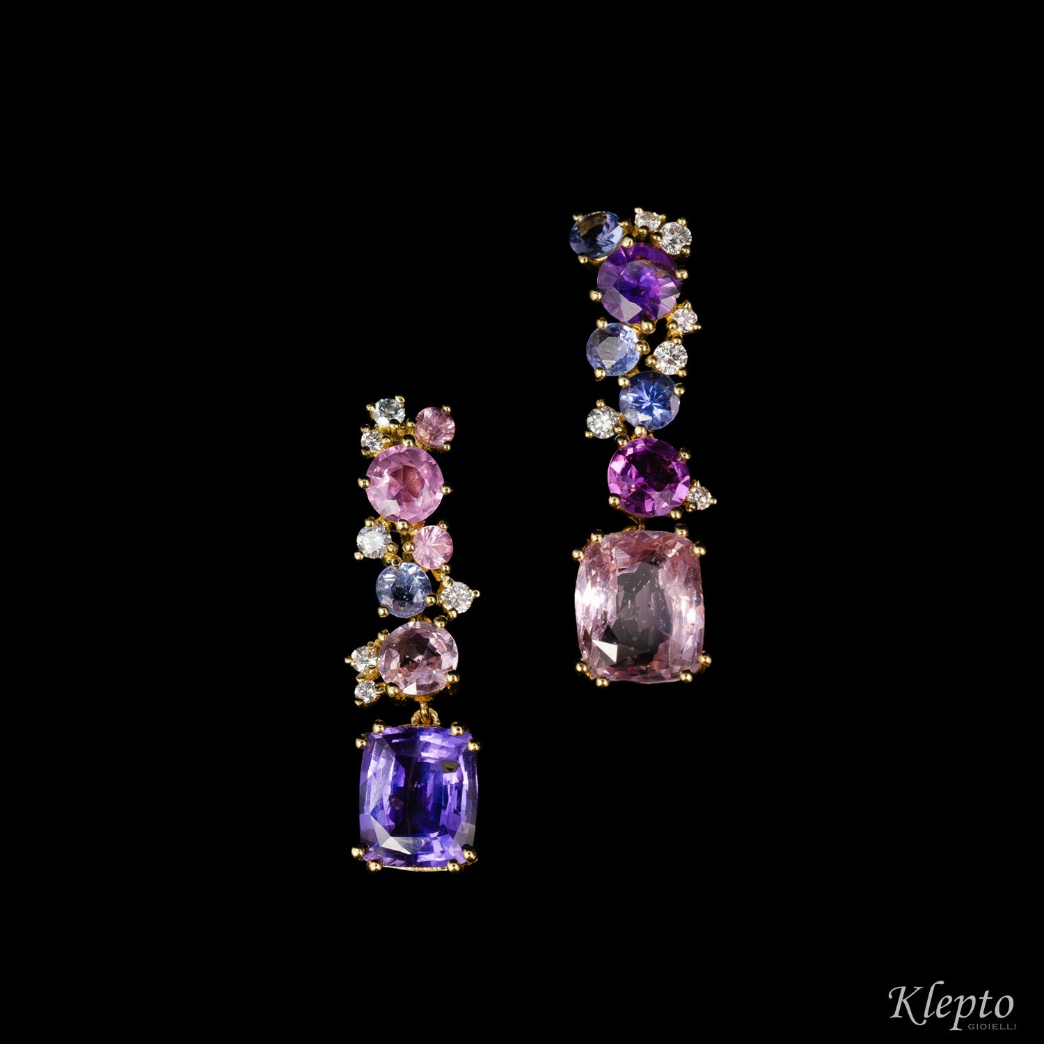 Yellow gold earrings with pink and purple Sapphires, Tanzanites and Diamonds