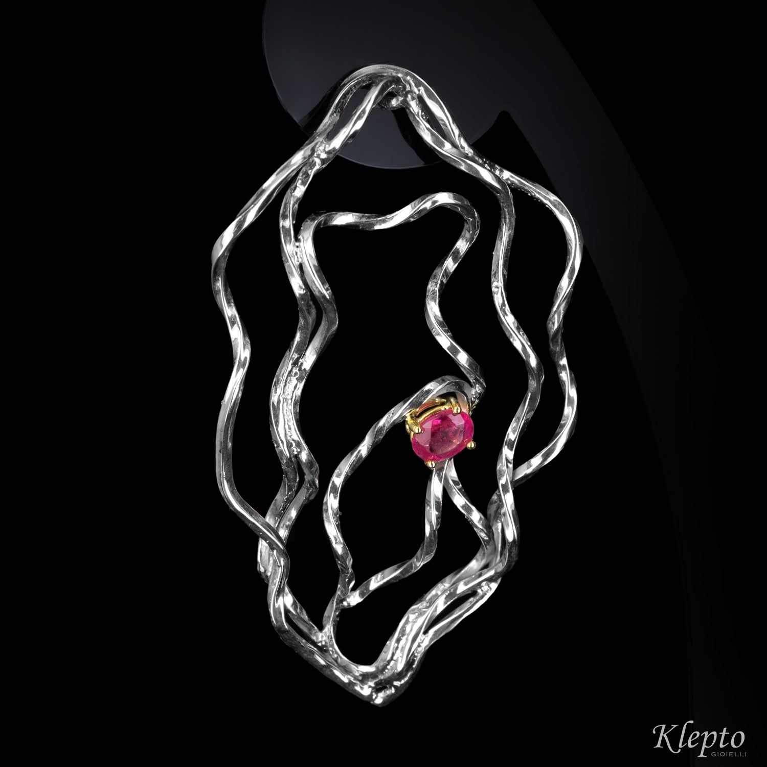 Silver Silnova® earrings with red tourmaline, demantoid, and yellow gold details.