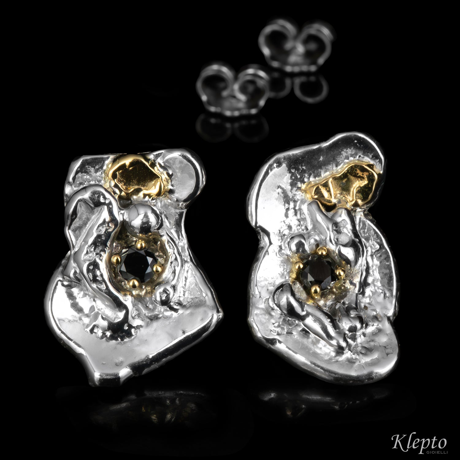 Silver Silnova® Earrings with Black Diamonds and Yellow Gold Details