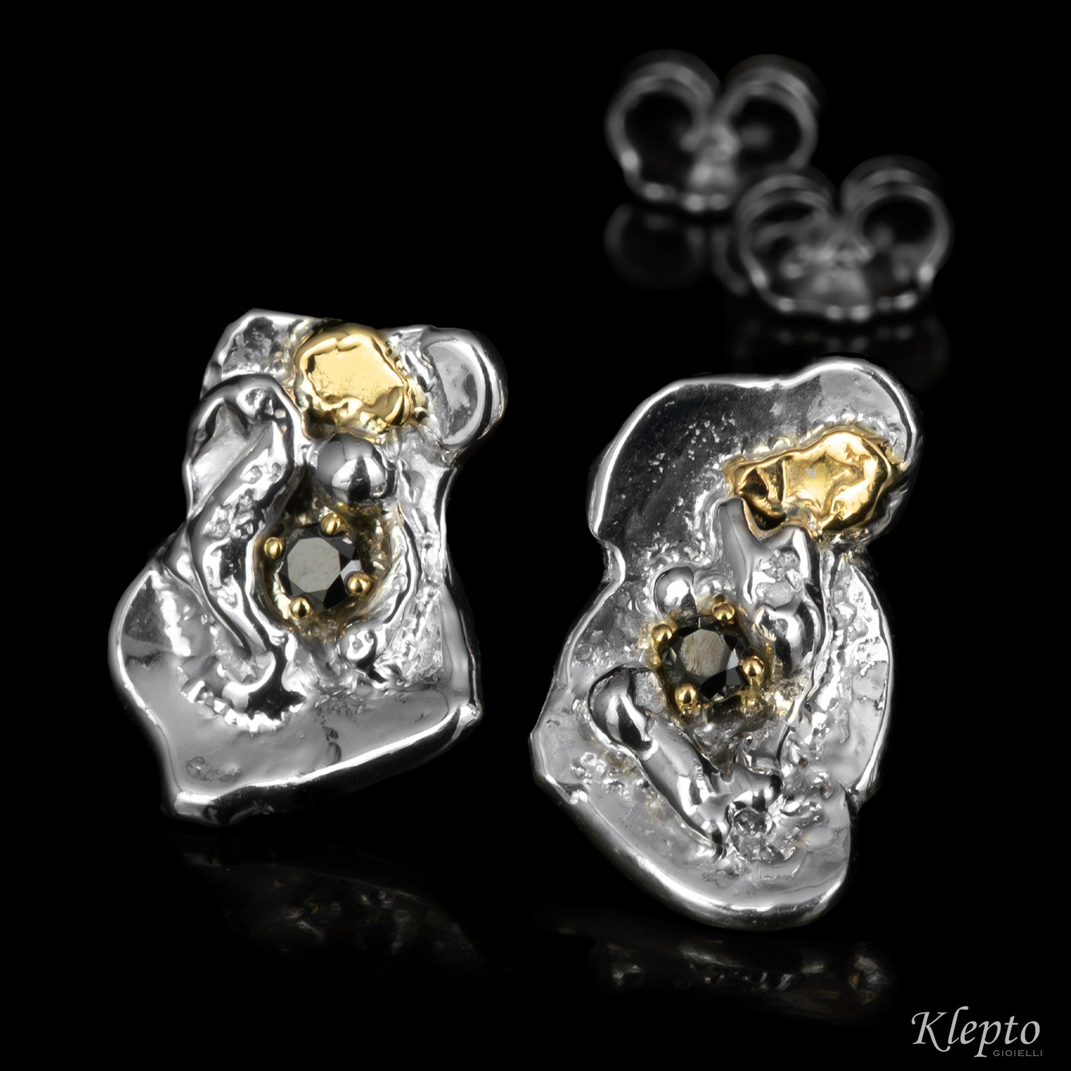 Silver Silnova® Earrings with Black Diamonds and Yellow Gold Details