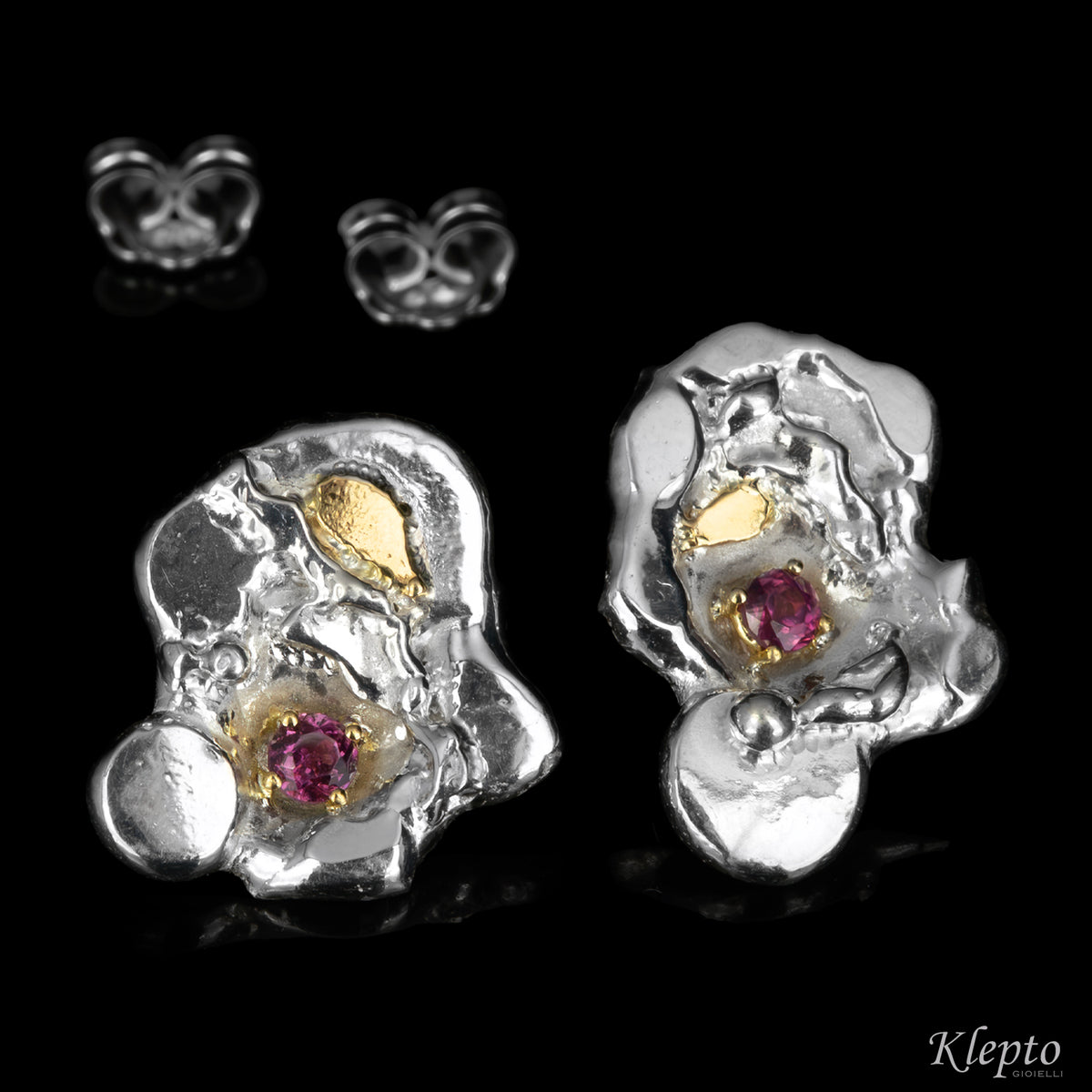 Silnova® silver earrings with rhodolites and yellow gold details