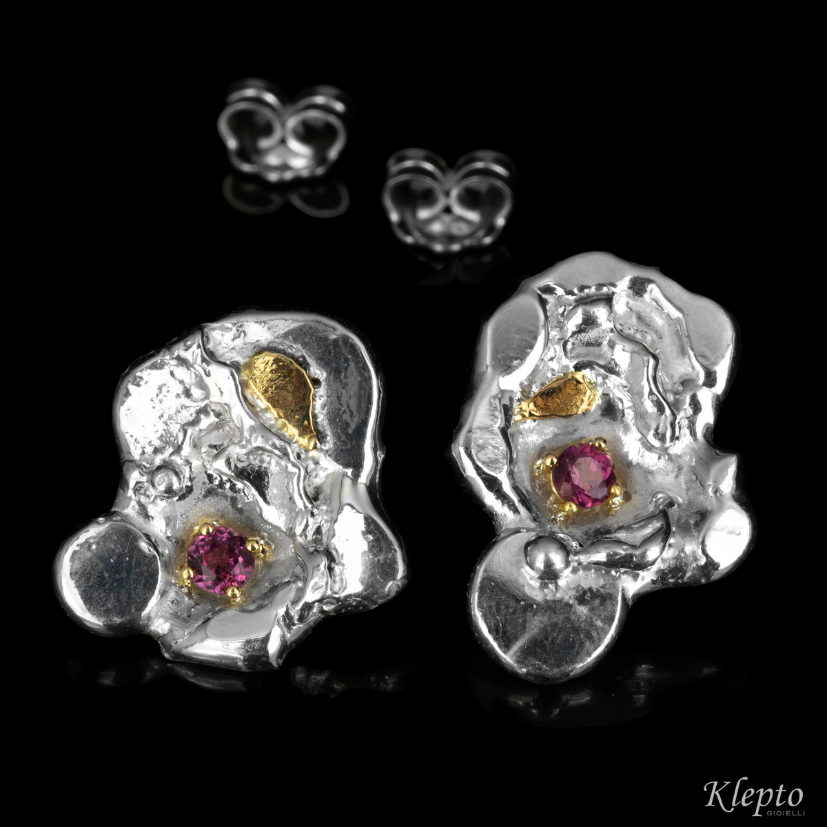 Silnova® silver earrings with rhodolites and yellow gold details
