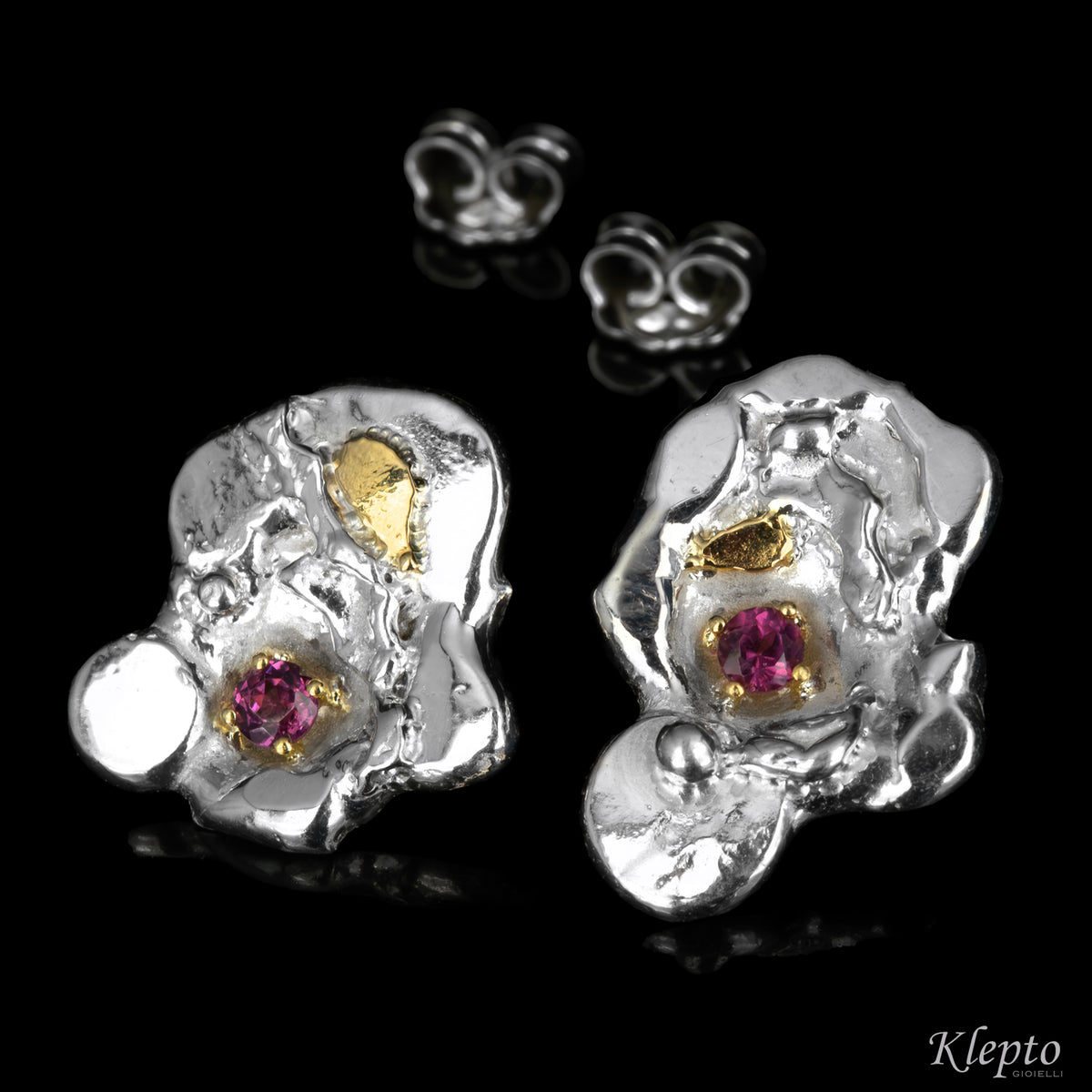 Silnova® silver earrings with rhodolites and yellow gold details