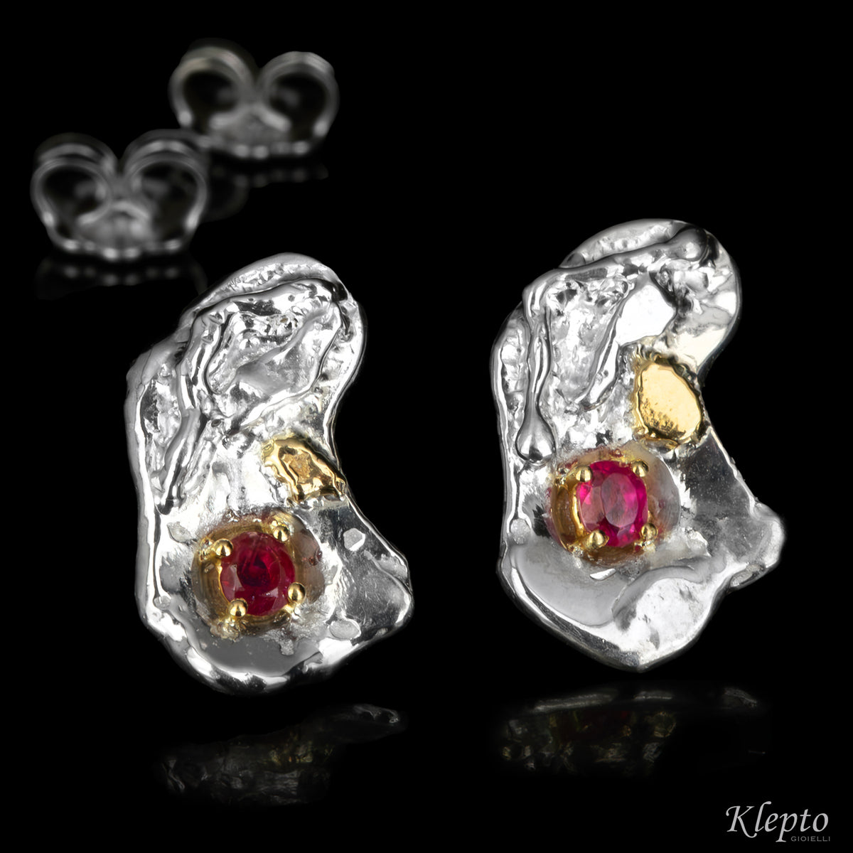 Silnova® silver earrings with rubies and yellow gold details