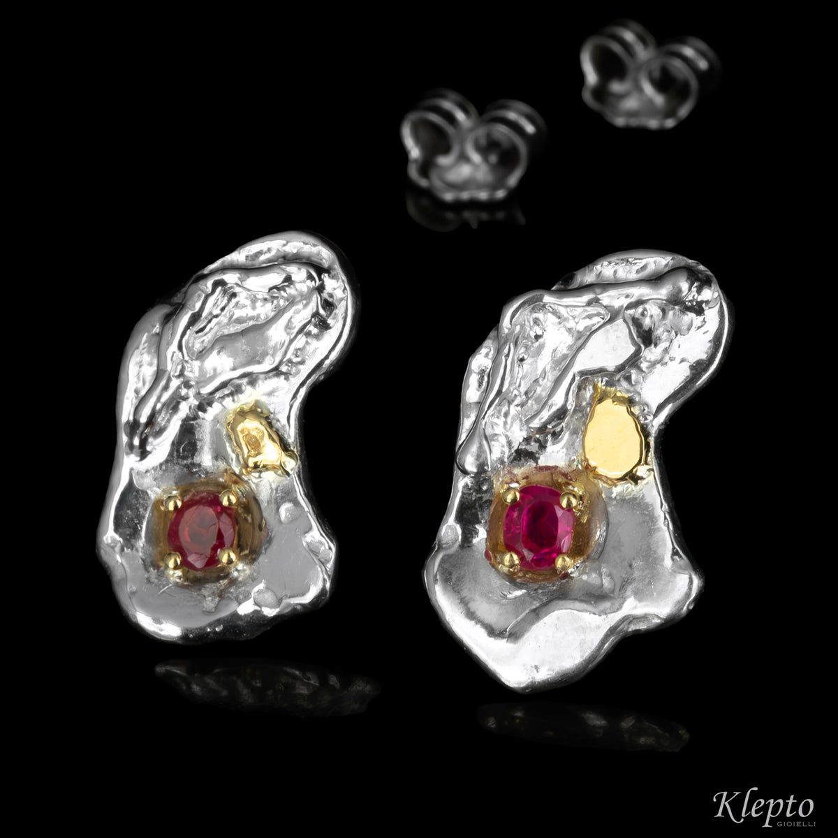 Silnova® silver earrings with rubies and yellow gold details