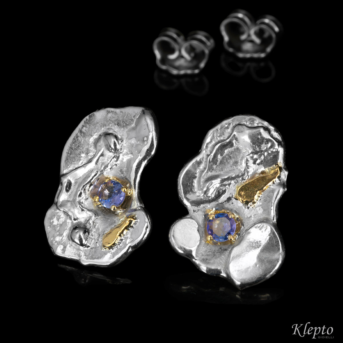 Silnova® silver earrings with tanzanites and yellow gold details