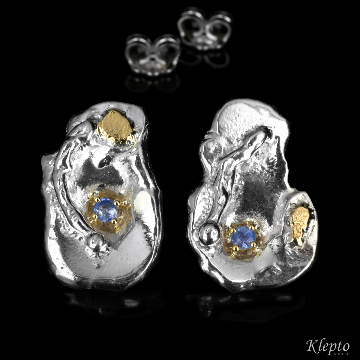 Silnova® silver earrings with blue sapphires and yellow gold details